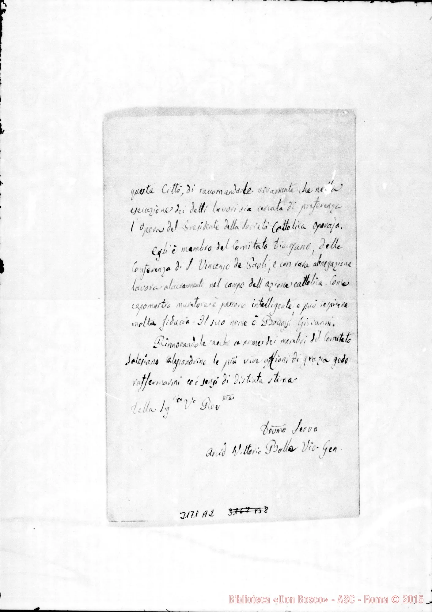 Fotogramma A 2 — Bolla Vittorio, vie. gen. - Rev.do Sig.. Alessandria, 16-06-1896