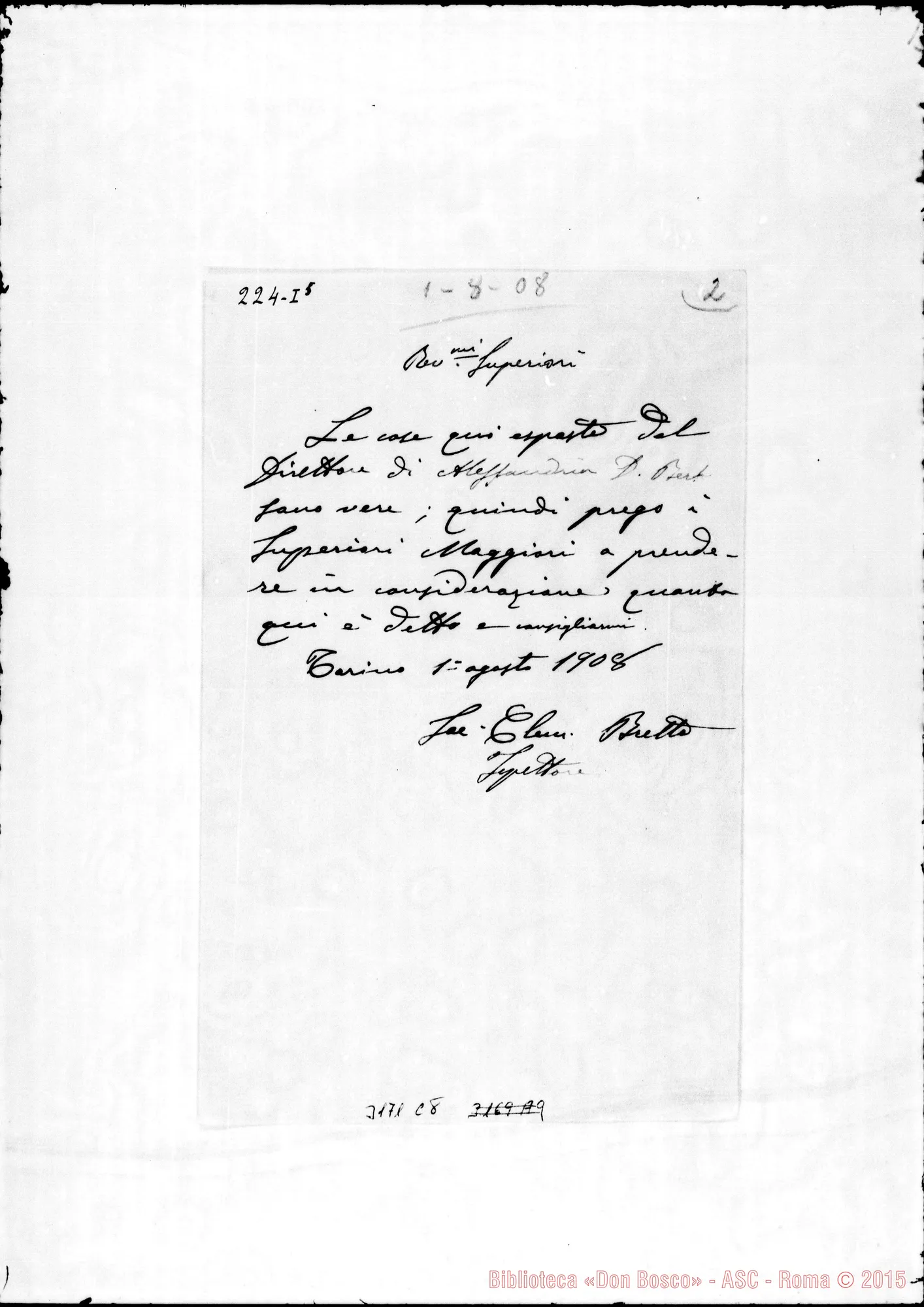 Fotogramma C 8 — D. Bretto Clemente - Superiori. Torino, 1-08-1908