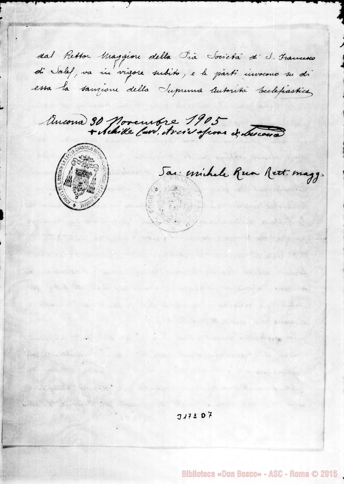 Fotogramma D 7 — Convenzione tra il Card. Manara E D. Rua. Firme autogr.. Ancona, 30-11-1905