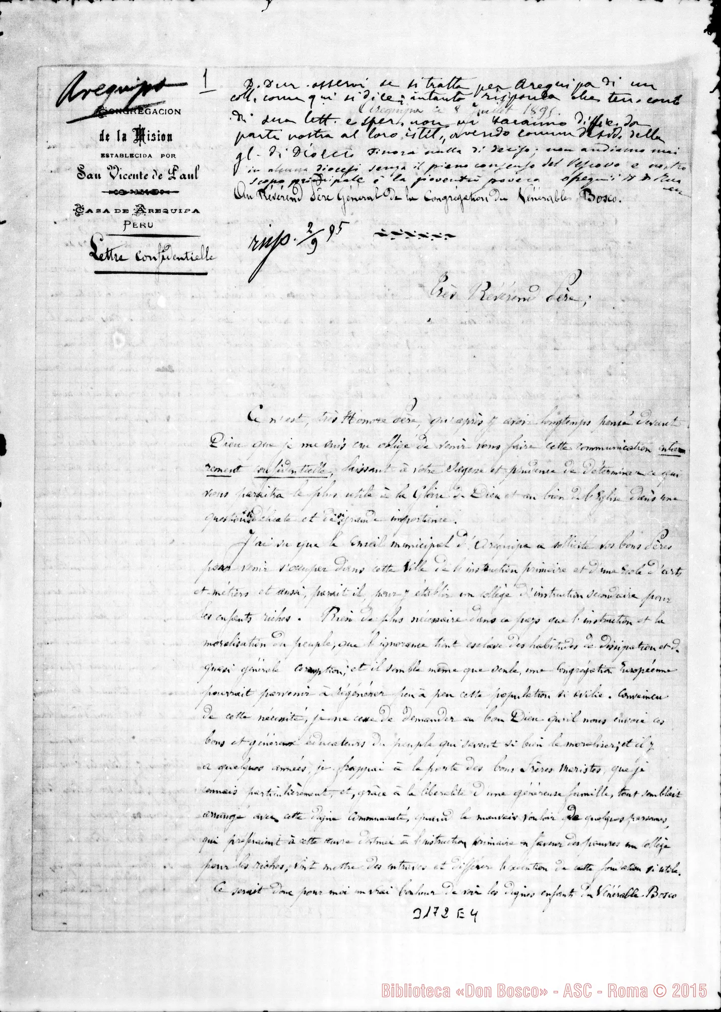 Fotogramma E 4 — Arequipa: M. Duhamet - Révérend Pére. Arequipa, 8-08-1895. Autogr. Rua