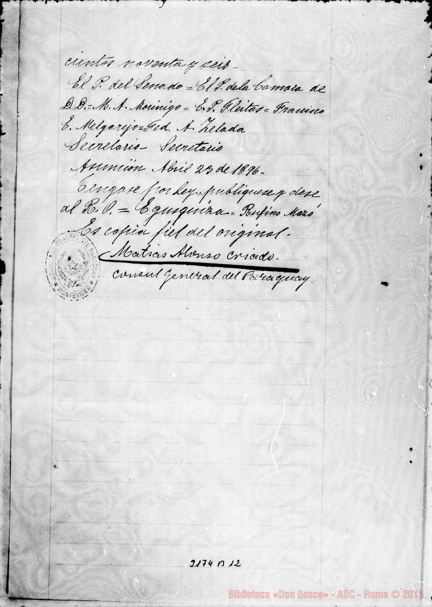 Fotogramma B 12 — Cónsul Matías Alonso - D. Rua. Montevideo, 5-05-1896