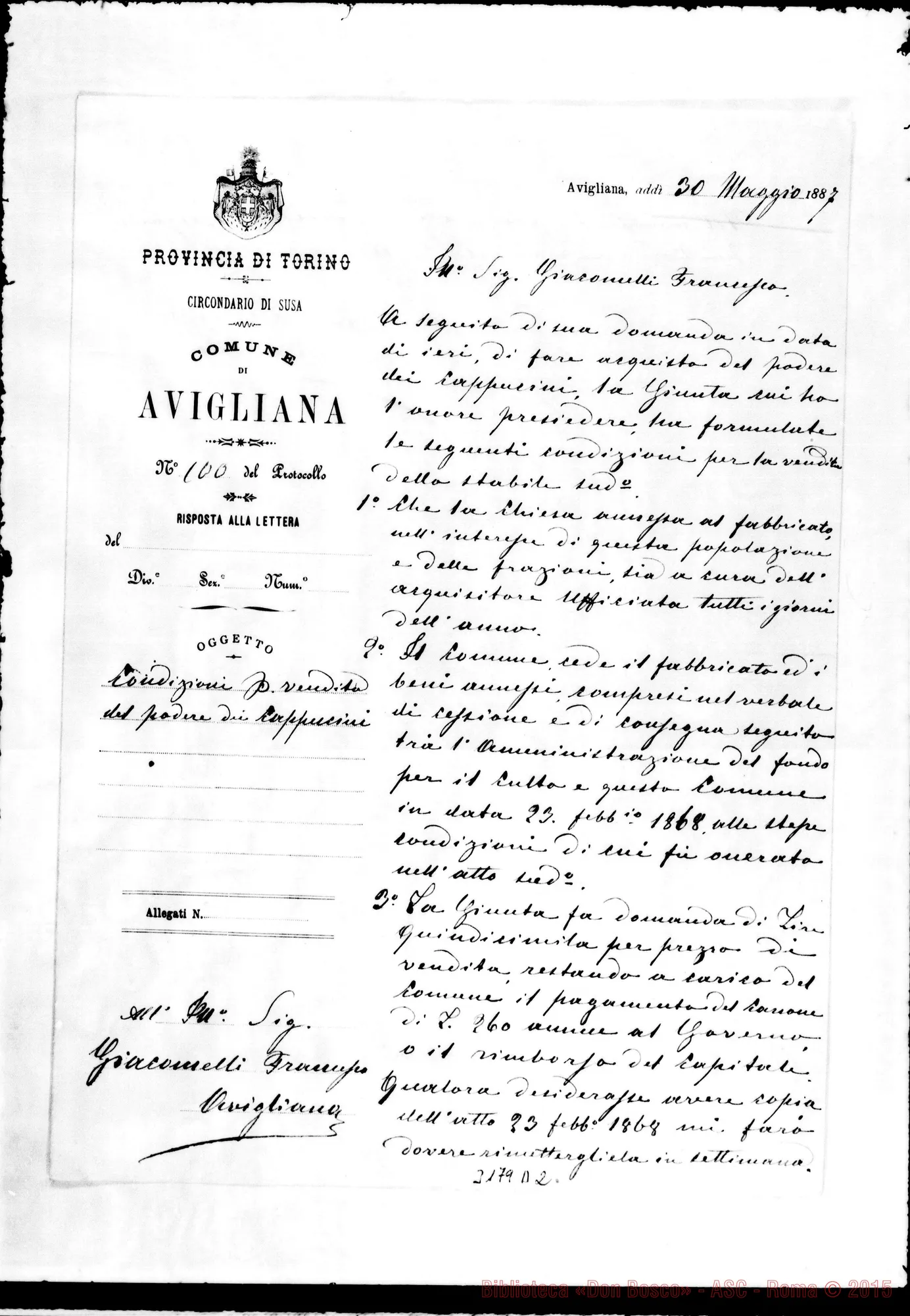Fotogramma D 2 — Sindaco di Avigliana-Don Francesco Giacomelli, il 30-05-1887