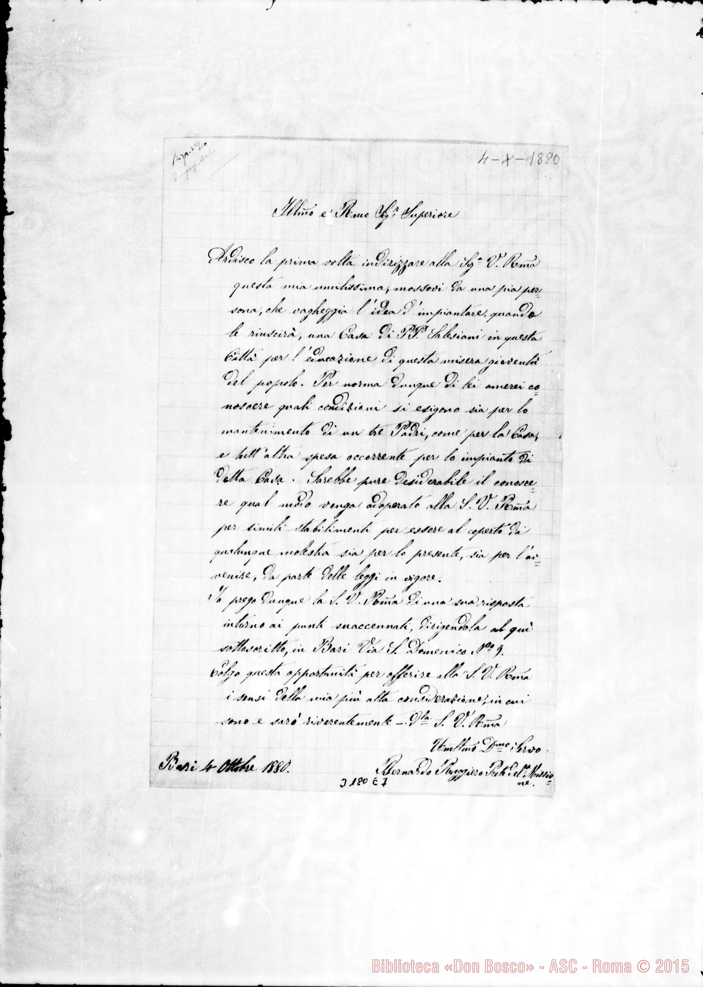 Fotogramma E 7 — Bari: Bernardo Ruggiero, prete della Missione-Don Bosco. Bari, 4-10-1880
