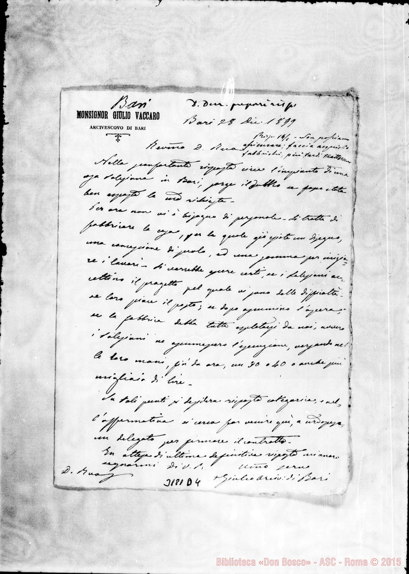 Fotogramma D 4 — Giulio Vaccaro, vesc.-Don Rua. Bari, 28-12-1899 Autogr. Rua