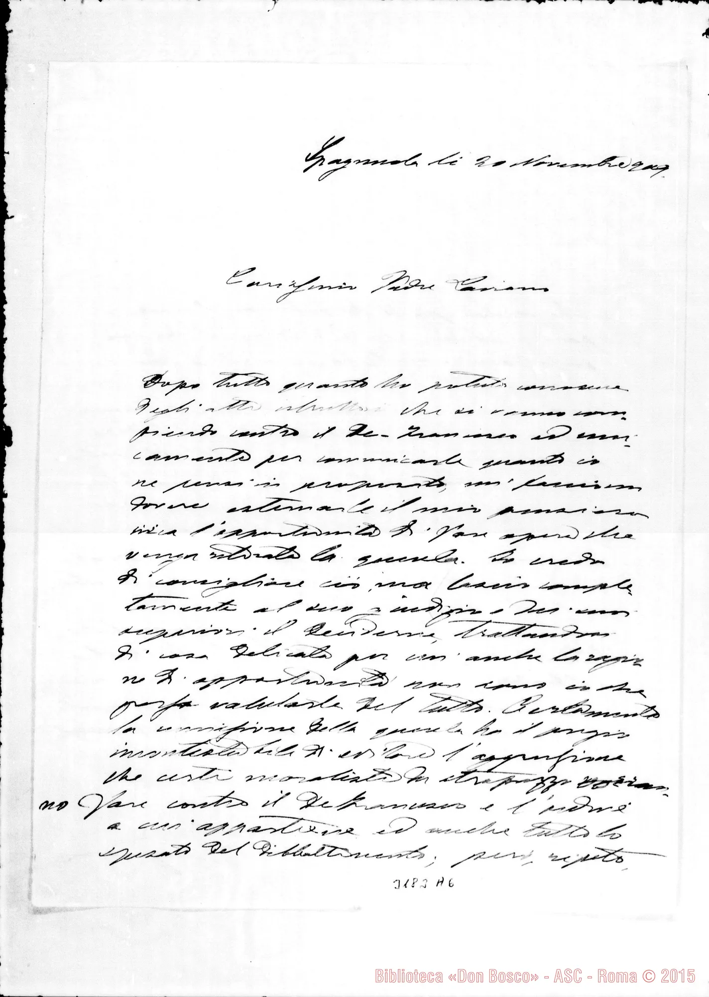 Fotogramma A 6 — Lettera A Padre Laviano, il 20-11-1909