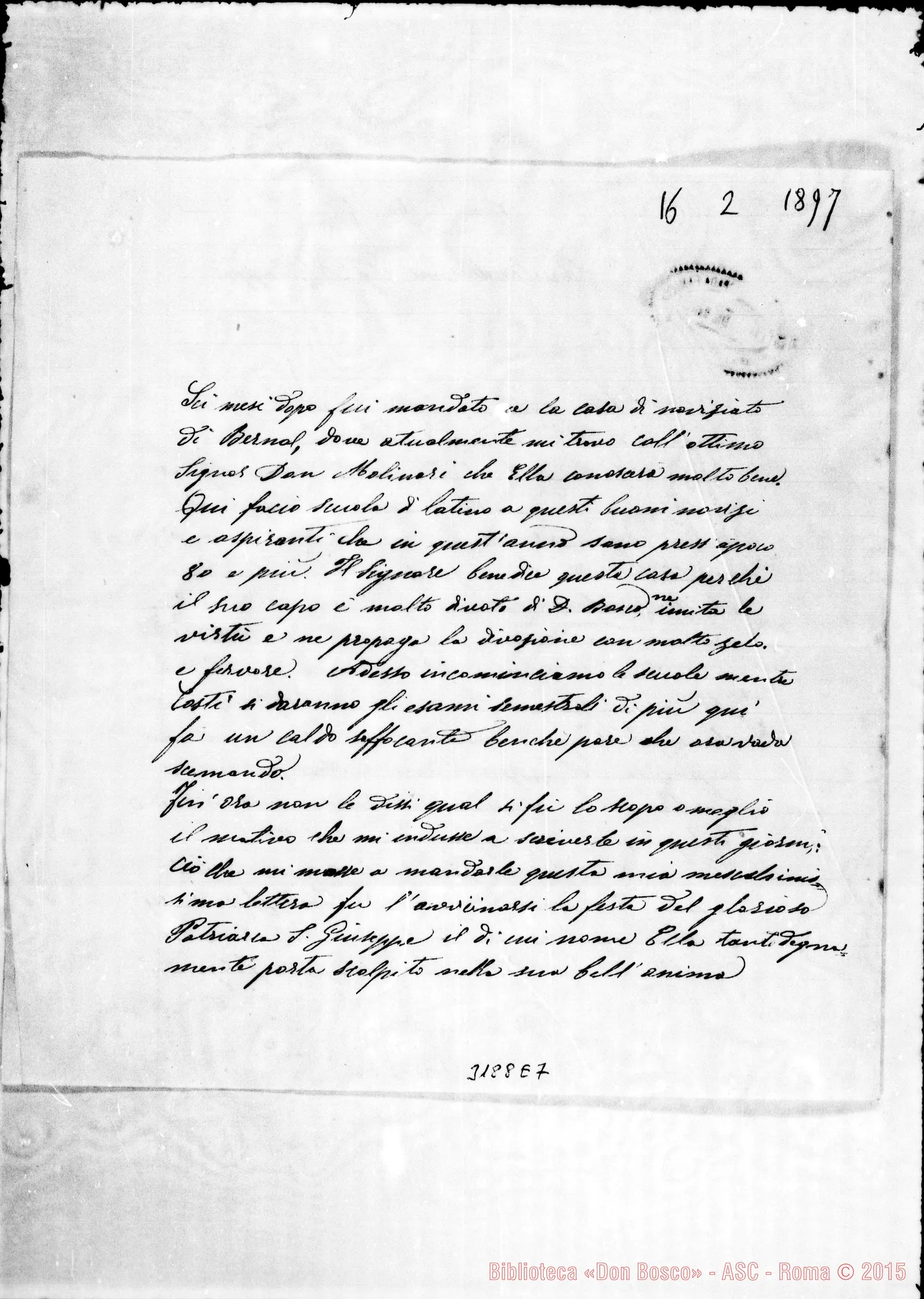 Fotogramma E 7 — Ernesto Maria Giuliani-D. Giuseppe. Bernal, 16-02-1897. Inclusa: D. Molinari-Venerato Padre