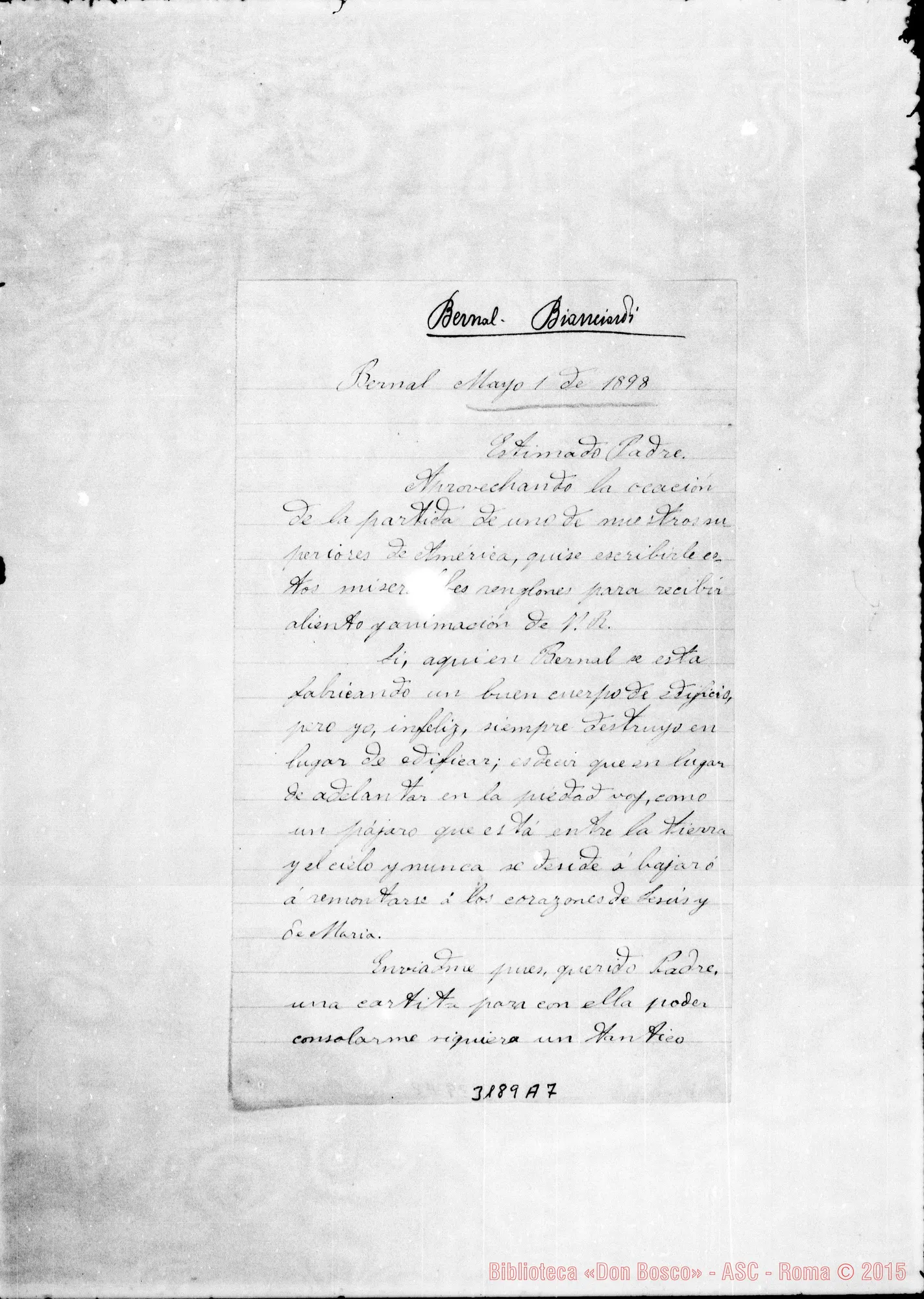Fotogramma A 7 — Juan Biancardi, aspirante-Estimado Padre. Bernal, 1-05-1898
