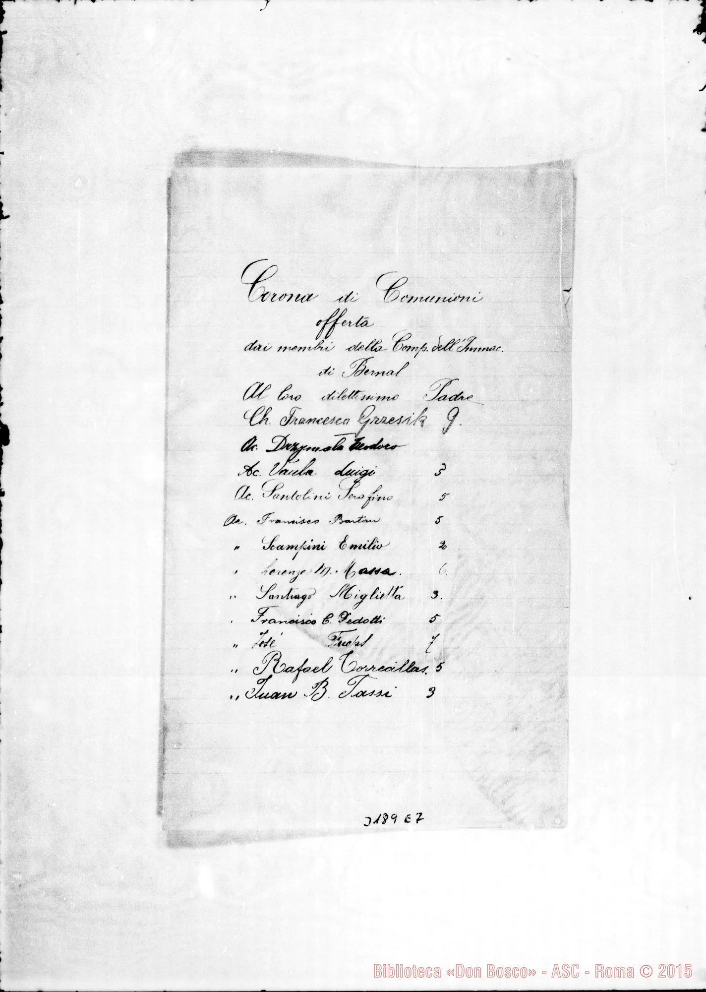 Fotogramma E 7 — Don Ernesto Giuliani-Amatissimo Padre. Bernal, 18-10-1899