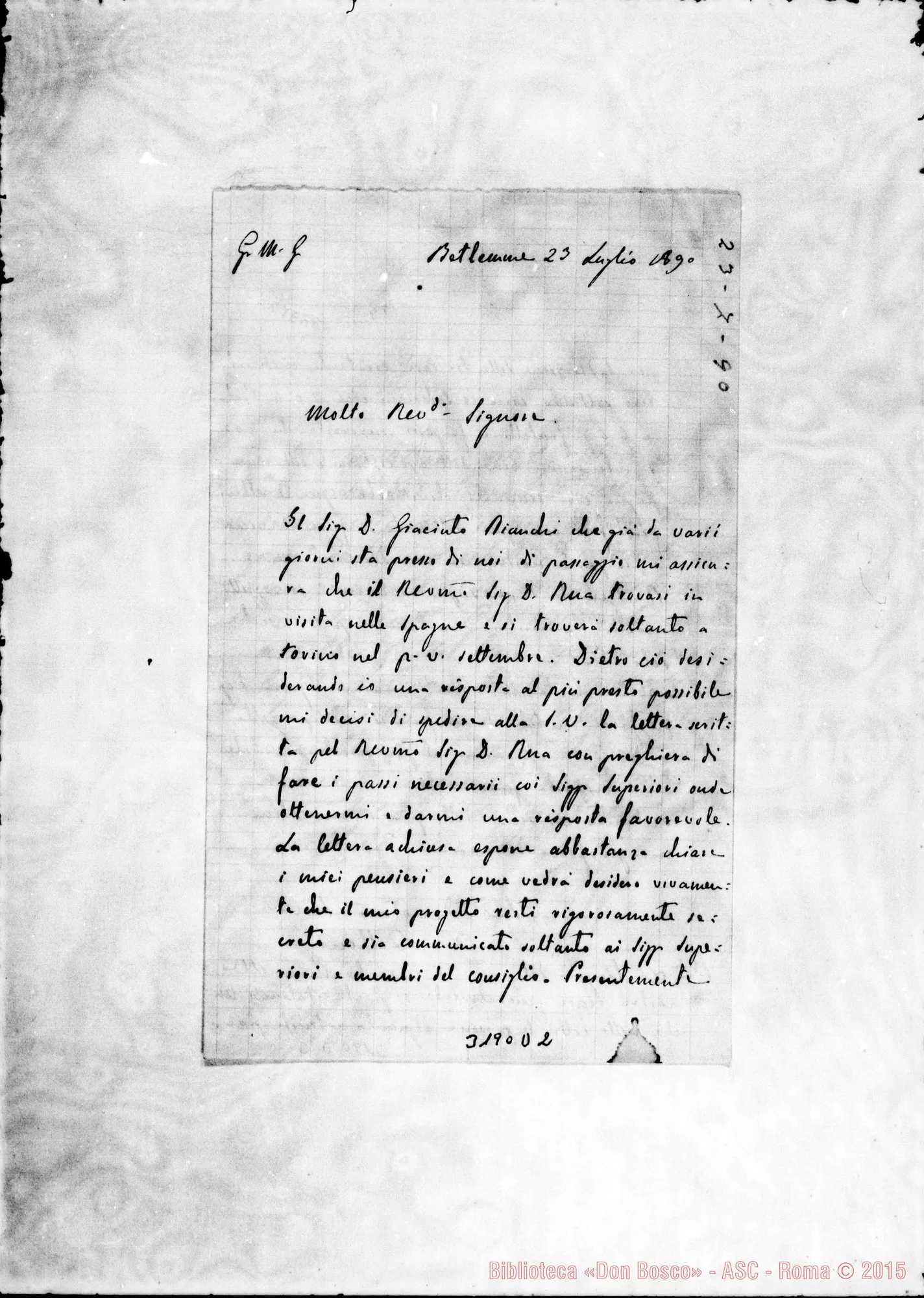 Fotogramma D 2 — Don Belloni-Rev.do Sig. Betlemme, 23-07-1890 Postilla di Don Marenco. Autogr. Rua