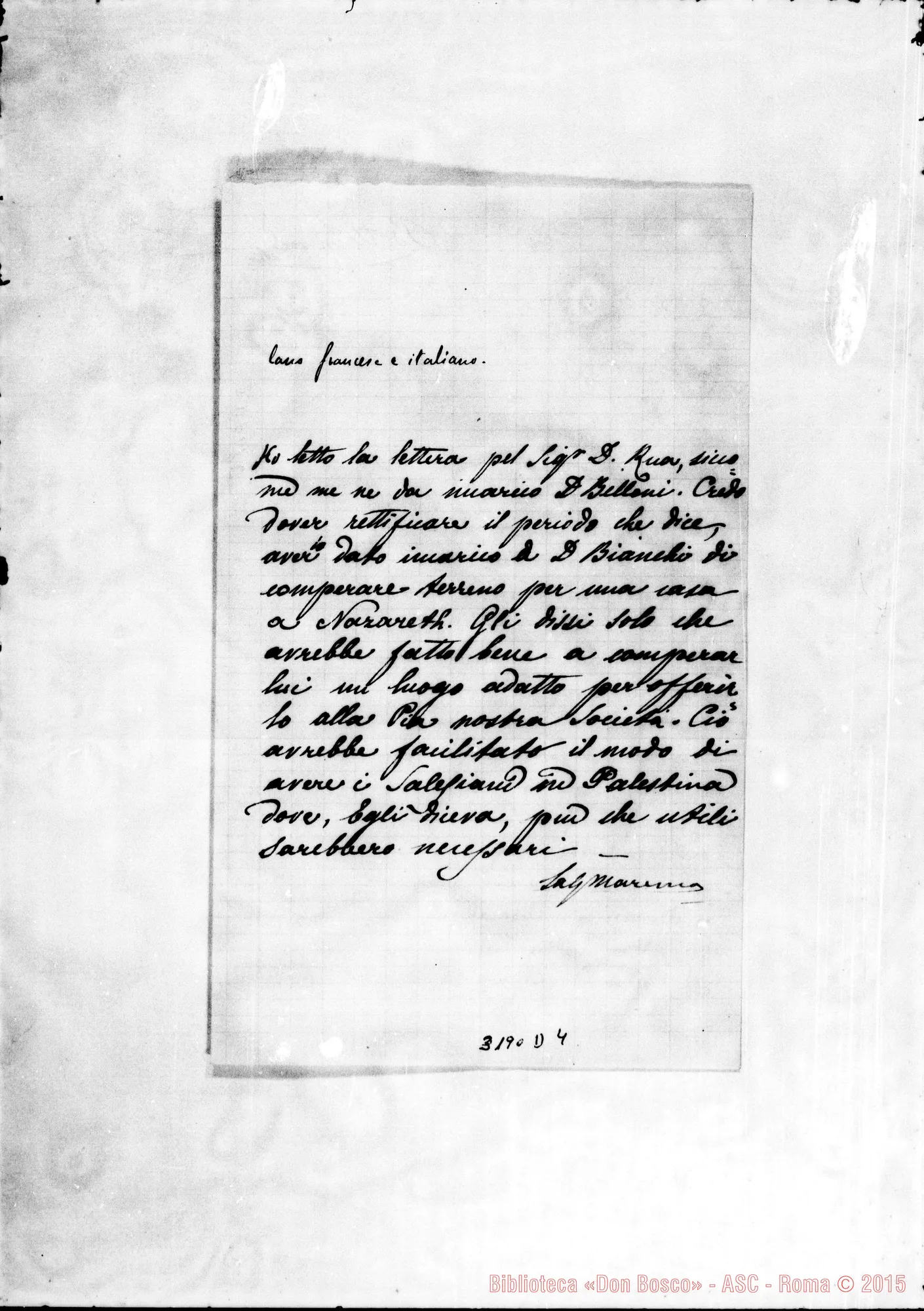 Fotogramma D 4 — Don Belloni-Rev.do Sig. Betlemme, 23-07-1890 Postilla di Don Marenco. Autogr. Rua