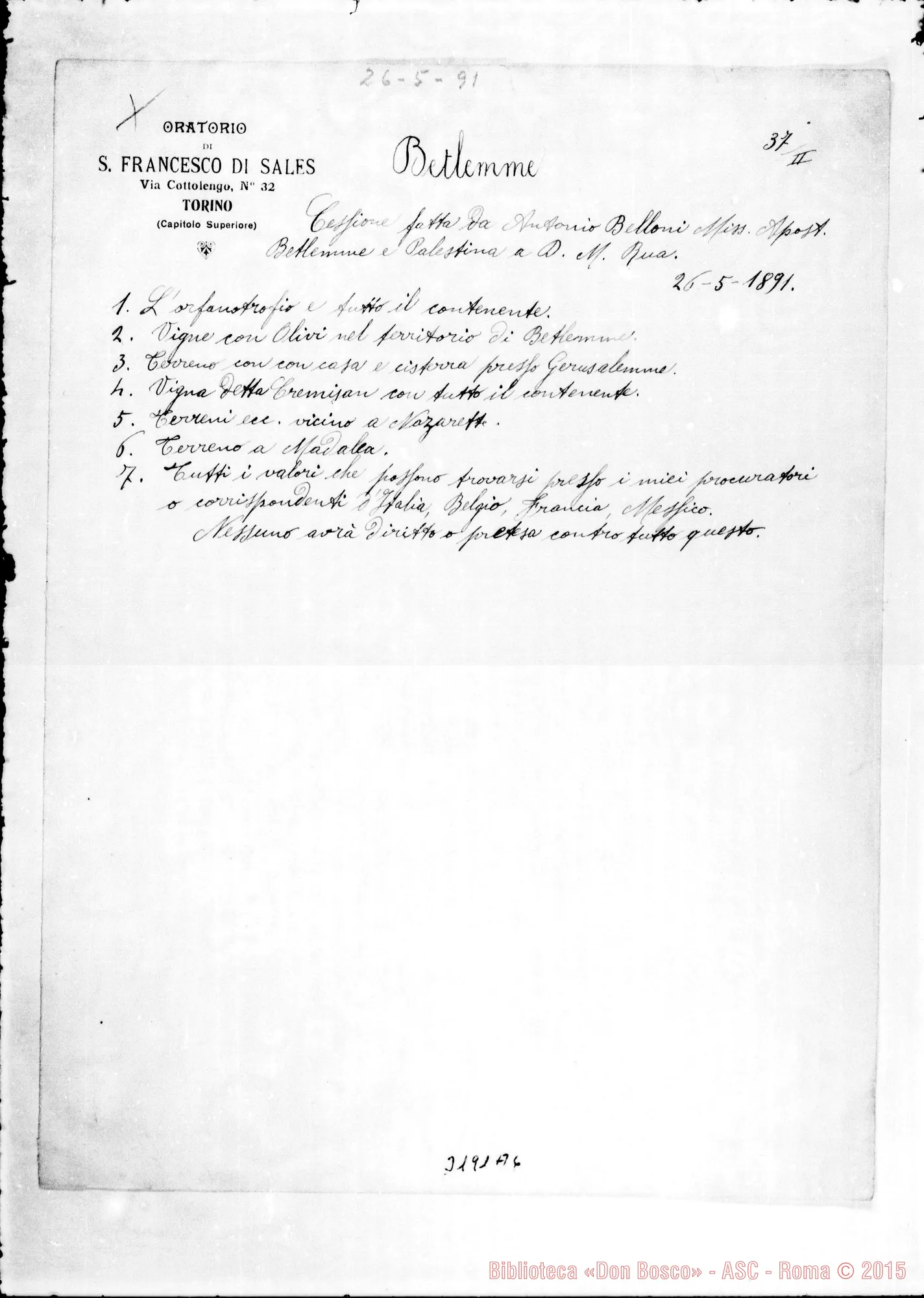 Fotogramma A 6 — Don Belloni: atto di cessione E convenzione, il 26-05-1891