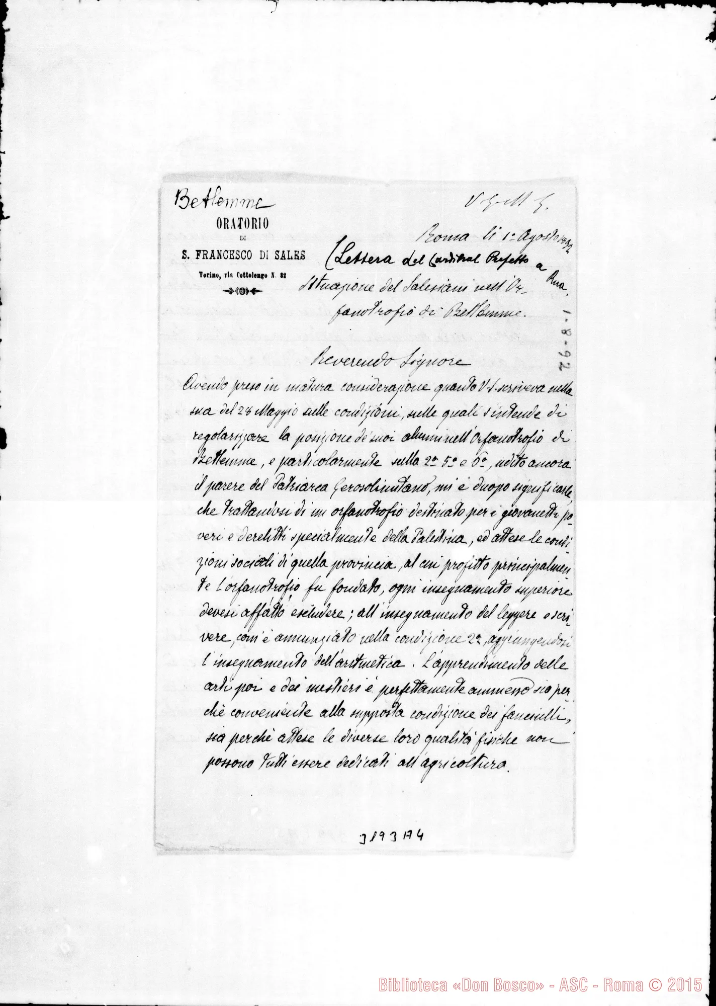 Fotogramma A 4 — Copia della lettera del Card. Lodóchowski dell’1-08-1892
