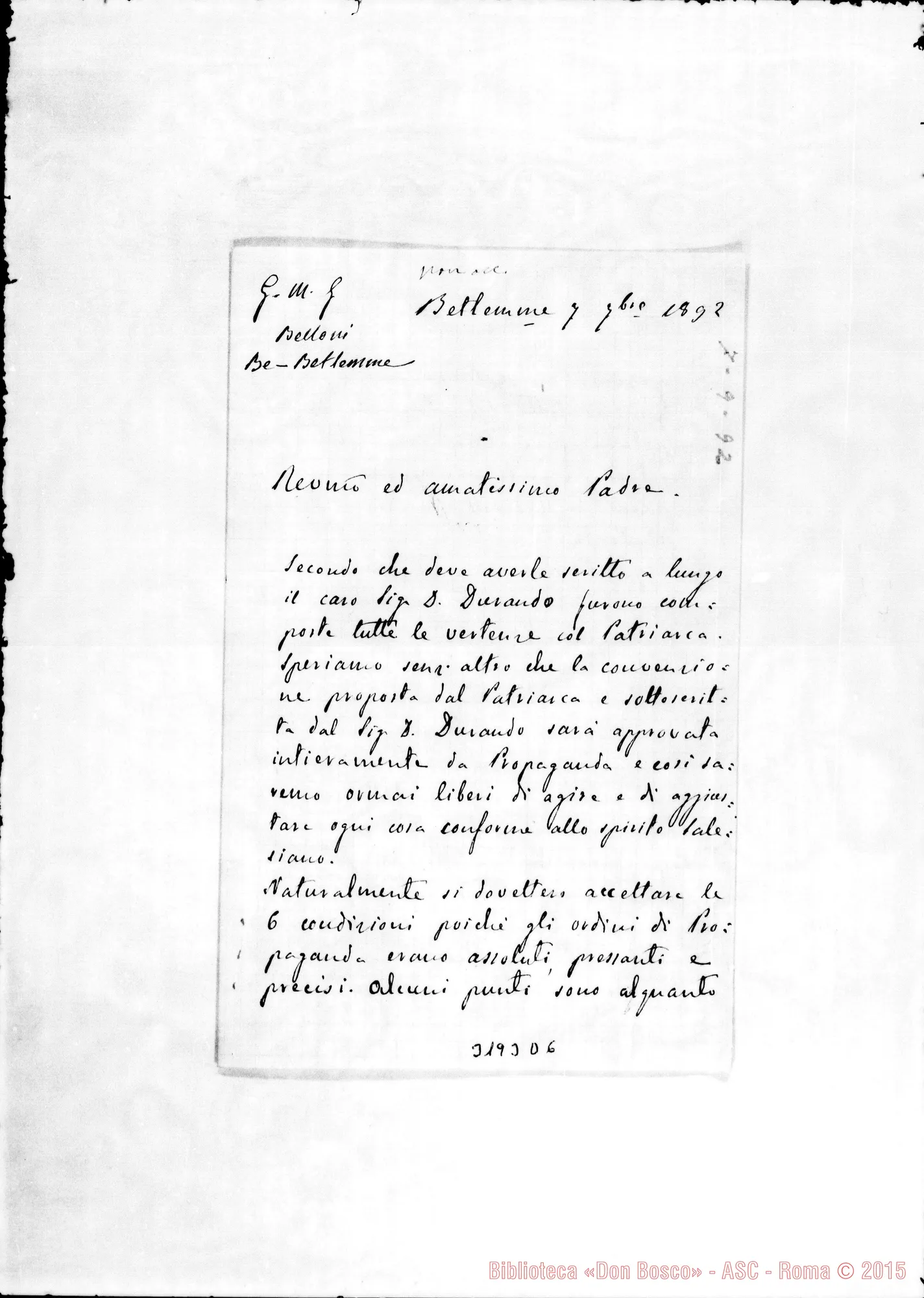 Fotogramma D 6 — Don Belloni-Amatissimo Padre. Betlemme, 7-09-1892 Autogr. Rua