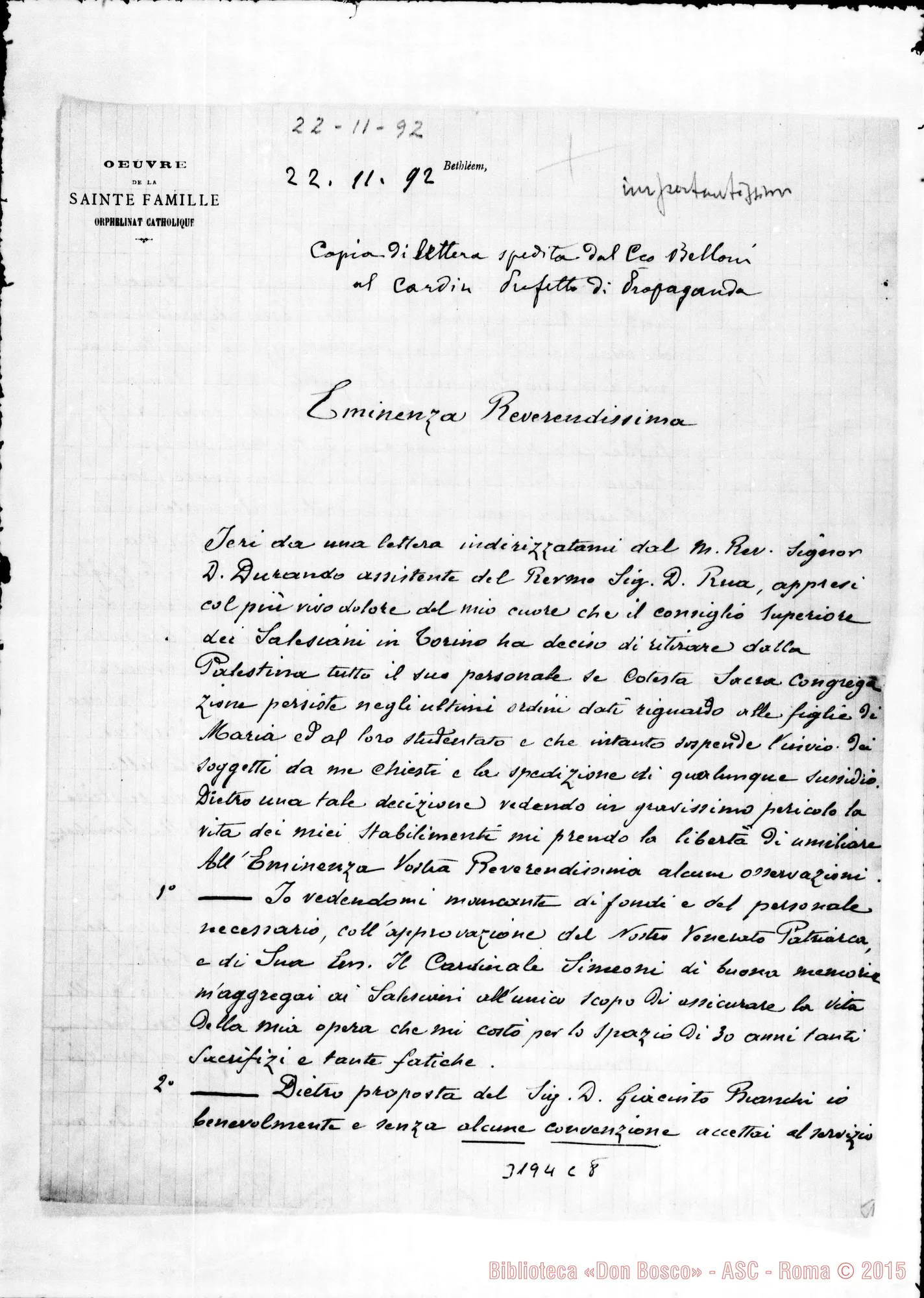 Fotogramma C 8 — Don Belloni-Card. Ledóchowski. Betlemme, 22-11-1892 Copia Autogr. Rua