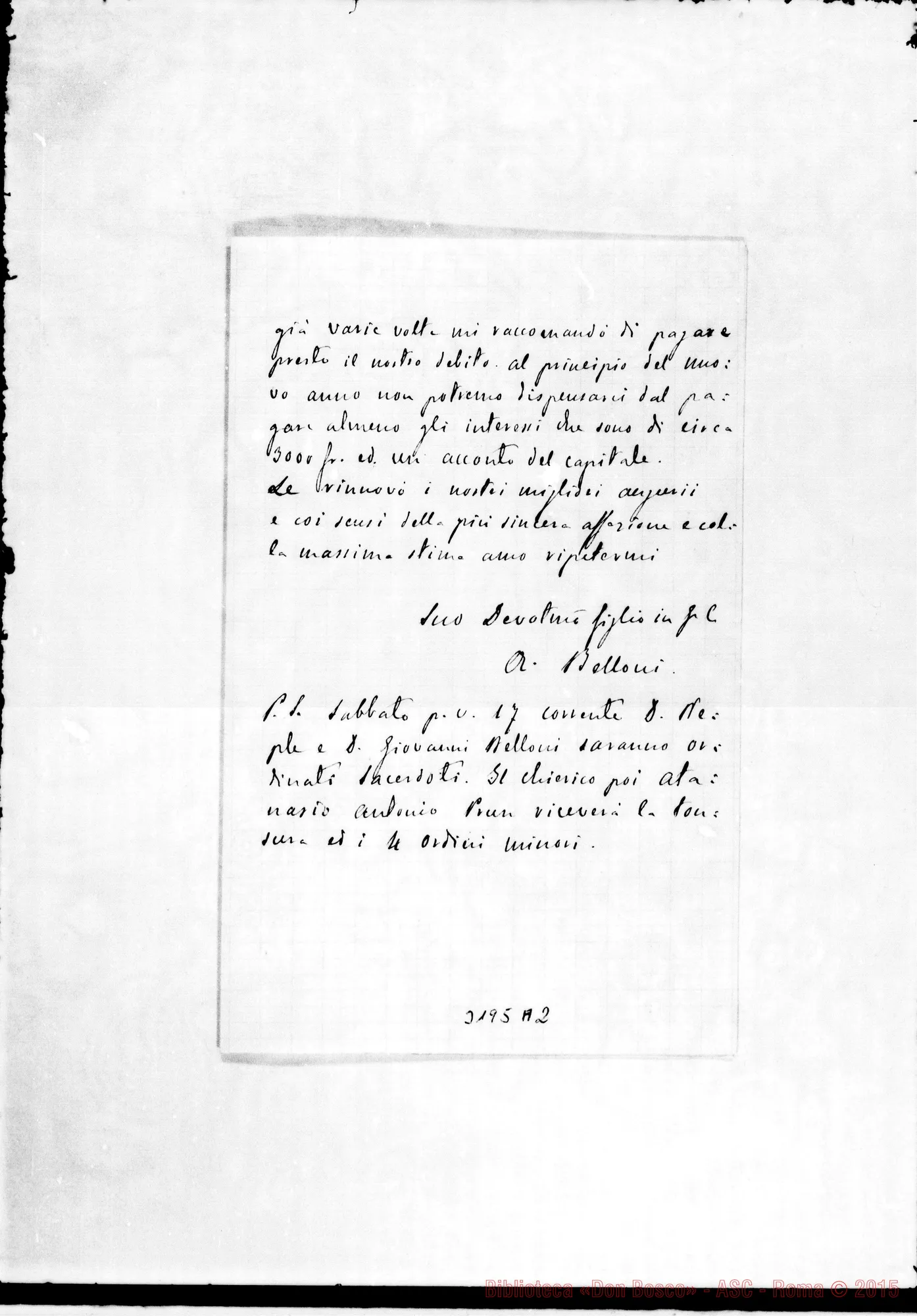 Fotogramma A 2 — Don Belloni-Don Rua. Betlemme, 13-12-1892 Autogr. Rua