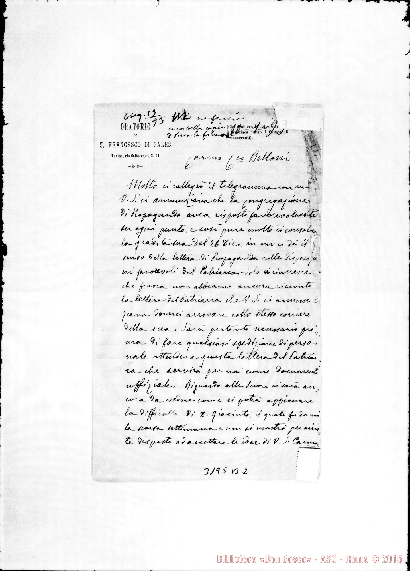 Fotogramma B 2 — Don Rua-Don Belloni. Torino, 20-01-1893. Copia ms autogr. Rua