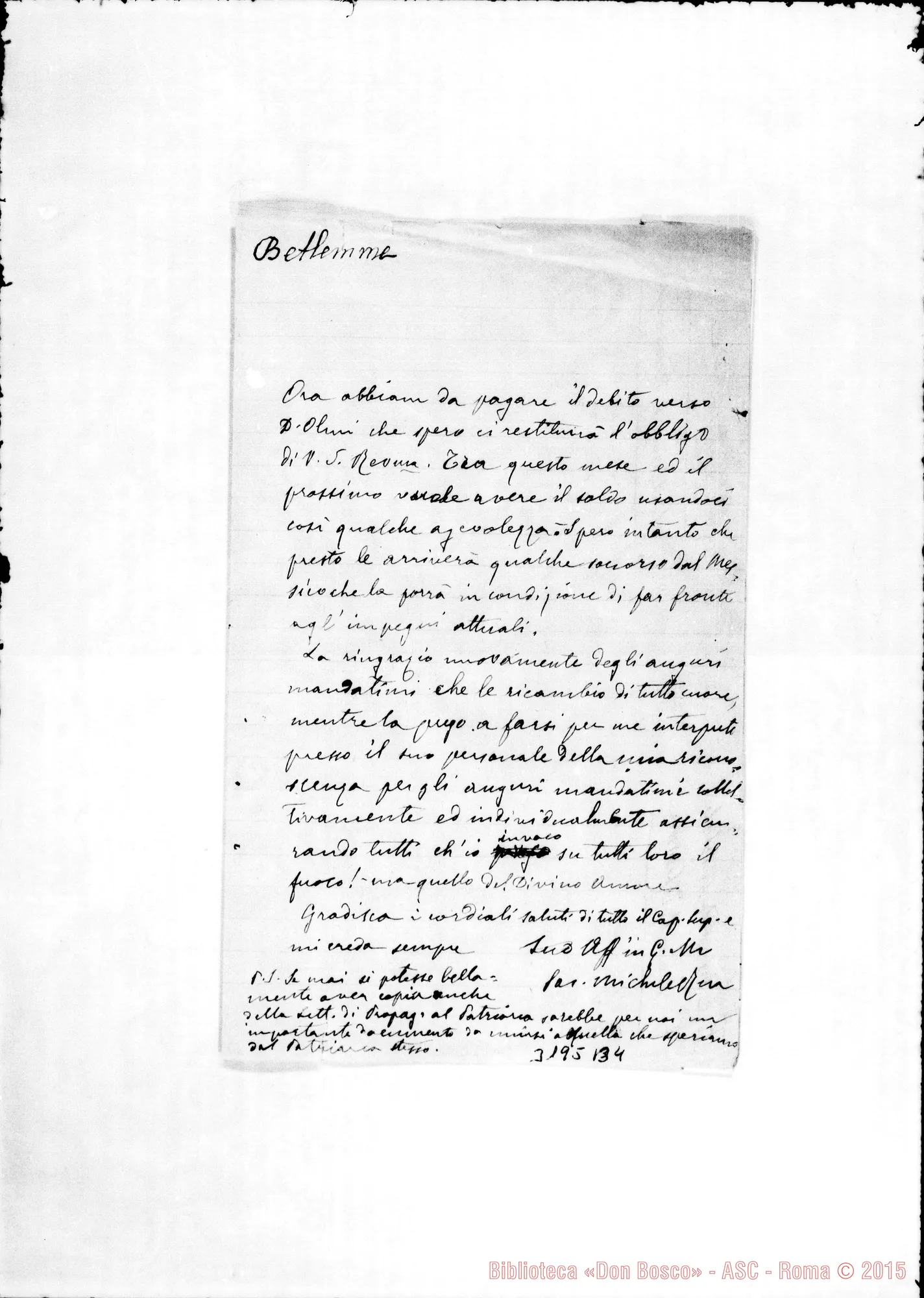 Fotogramma B 4 — Don Rua-Don Belloni. Torino, 20-01-1893. Copia ms autogr. Rua