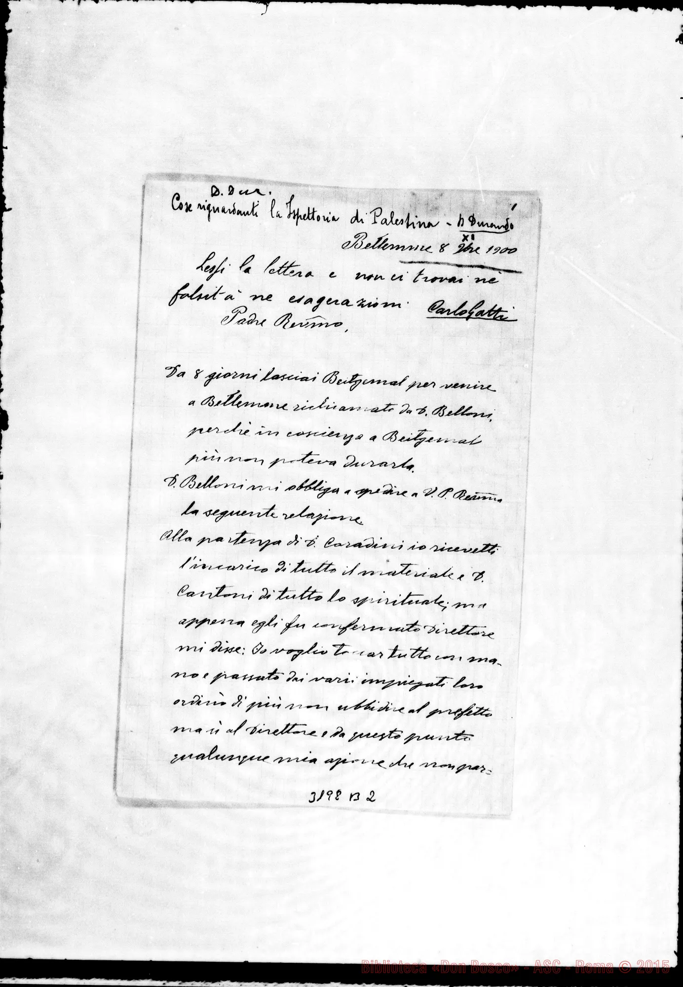 Fotogramma B 2 — Don Ponzo Vincenzo-Padre Rev.mo. Betlemme, 8-11-1900 Autogr. Rua