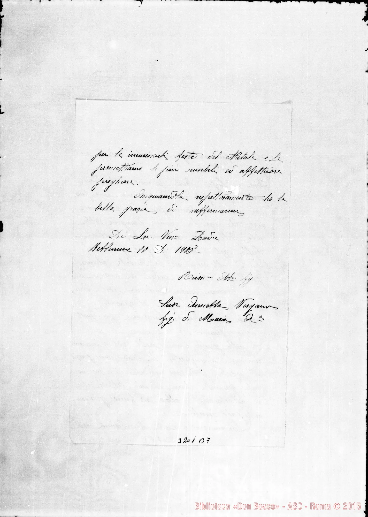 Fotogramma B 7 — Suor Annetta Vergano-Don Rinaldi. Betlemme, 10-12-1905 Autogr. Rinaldi