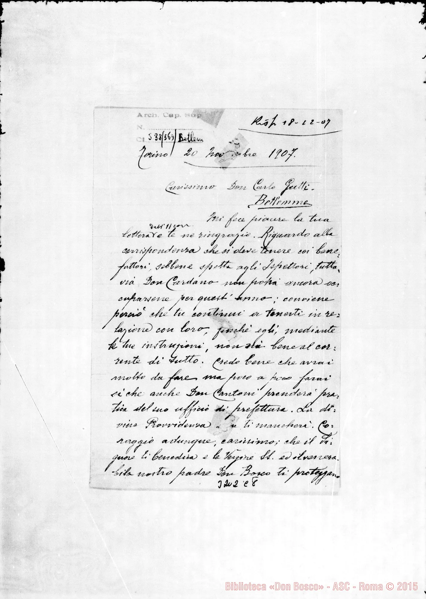 Fotogramma C 8 — Don Rua Michele-Don Gatti. Torino, 20-11-1907 Firma autogr. Rua
