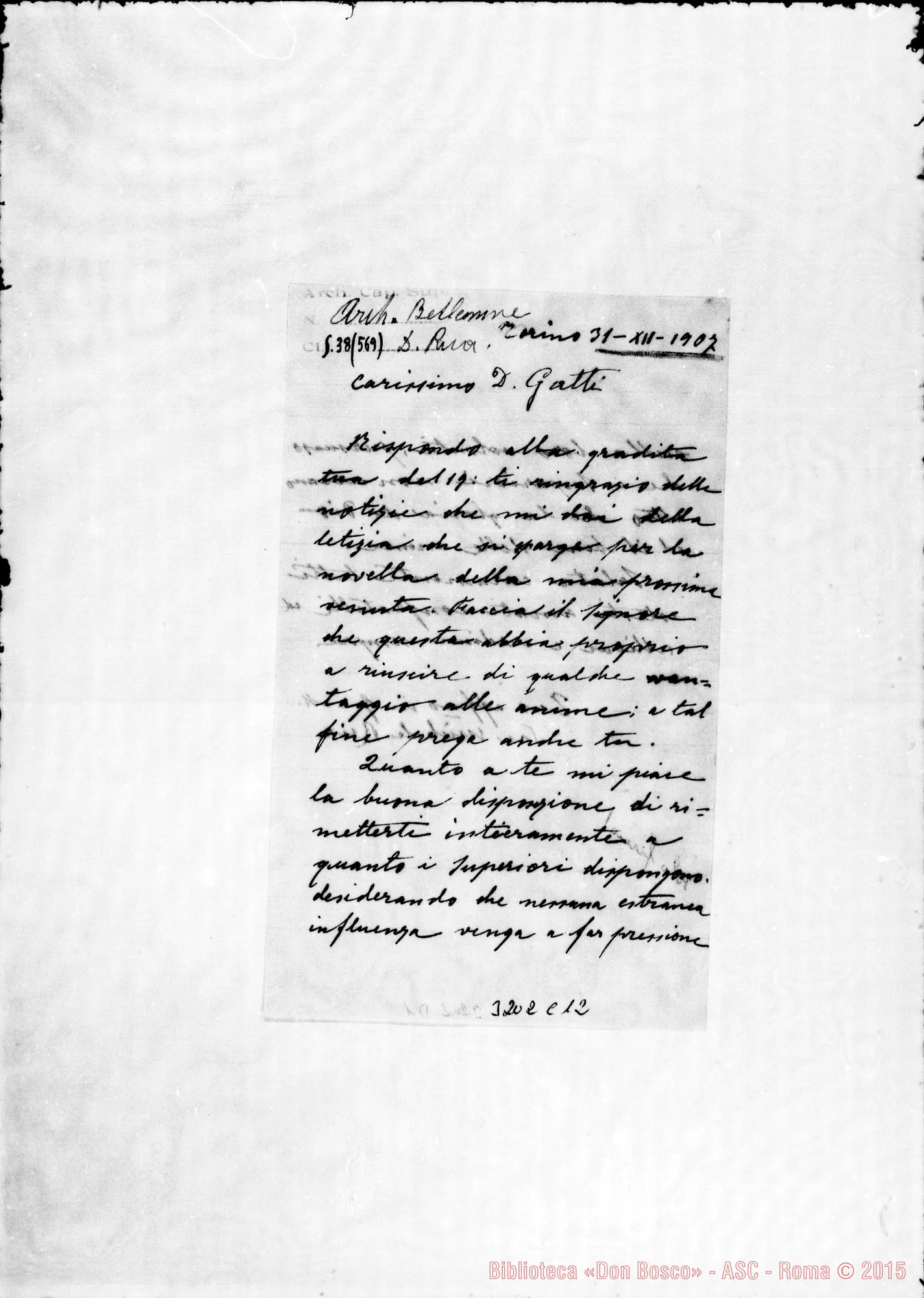 Fotogramma C 12 — Don Rua-Don Gatti. Torino, 31-12-1907 Firma autogr. Rua