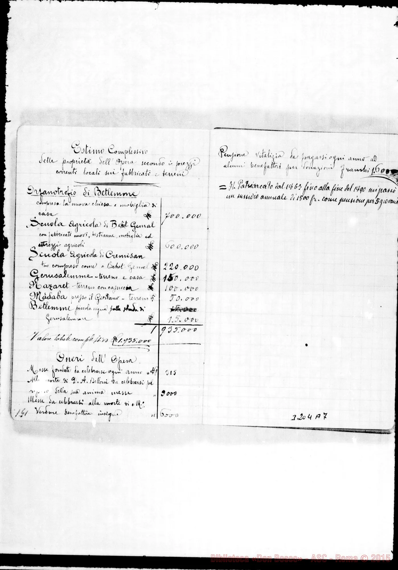 Fotogramma A 7 — Appunti di Don Barberis con notizie E copia di documenti relativi alla casa di Betlemme.