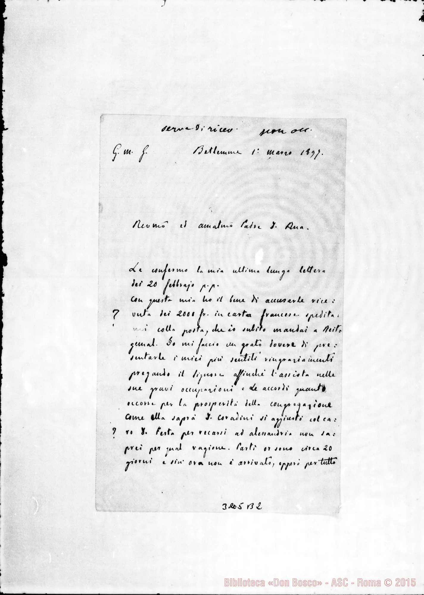 Fotogramma B 2 — Don Belloni-Don Rua. Betlemme, 1-03-1897 Autogr. Rua