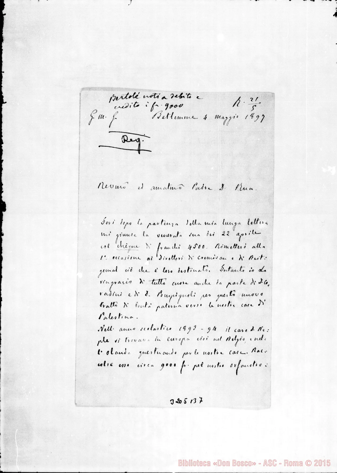 Fotogramma B 7 — Don Belloni-Don Rua. Betlemme, 4-05-1897 Autogr. Rua