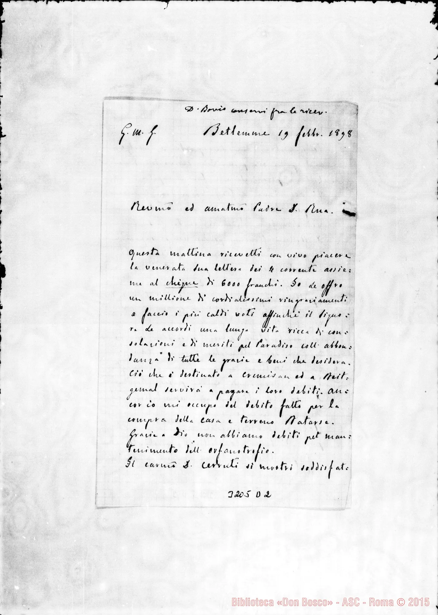 Fotogramma D 2 — Don Belloni-Don Rua. Betlemme, 19-02-1898 Autogr. Rua