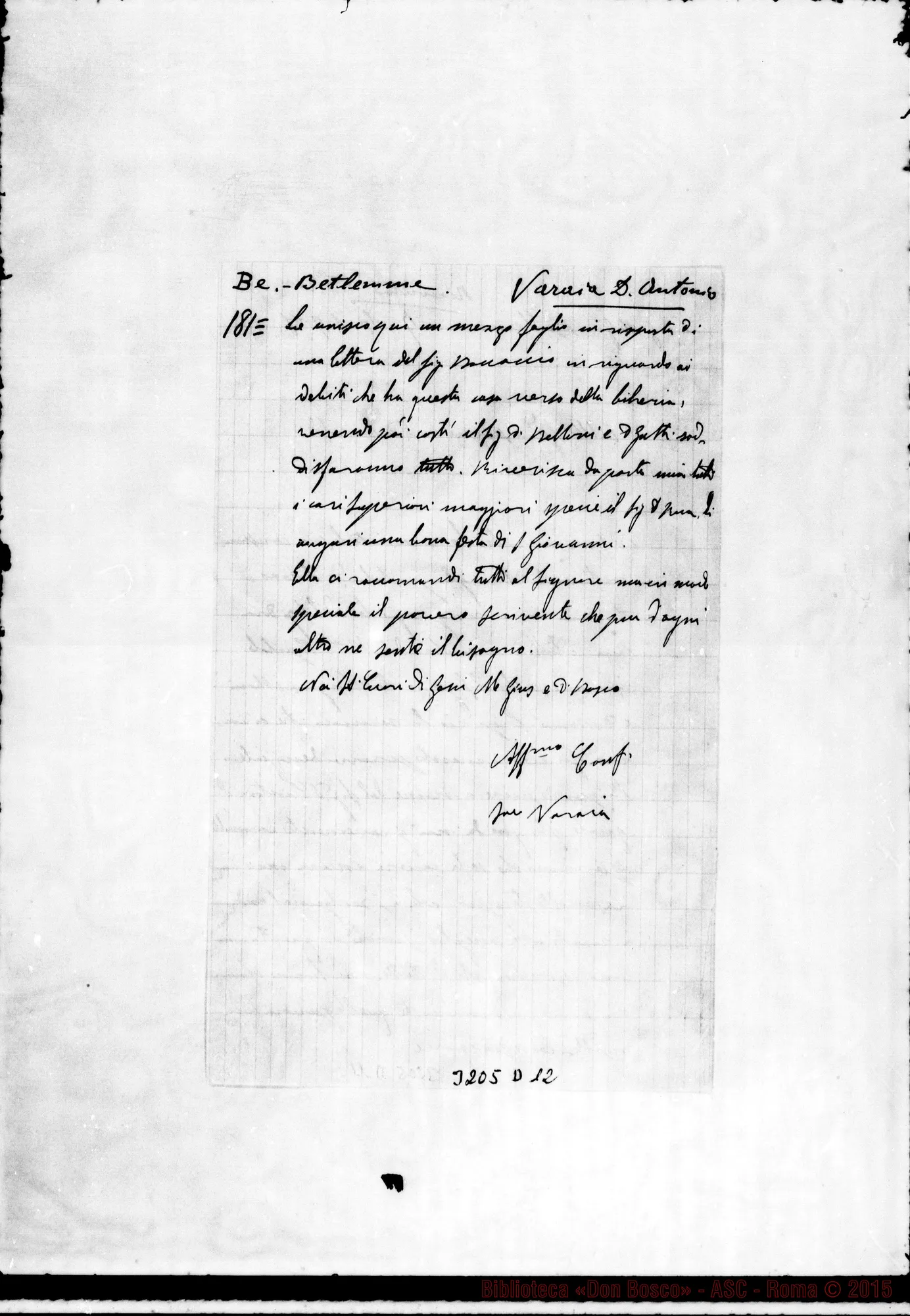 Fotogramma D 12 — Don Varaia Antonio-Don Rinaldi. Betlemme, 7-06-1901 Autogr. Rinaldi