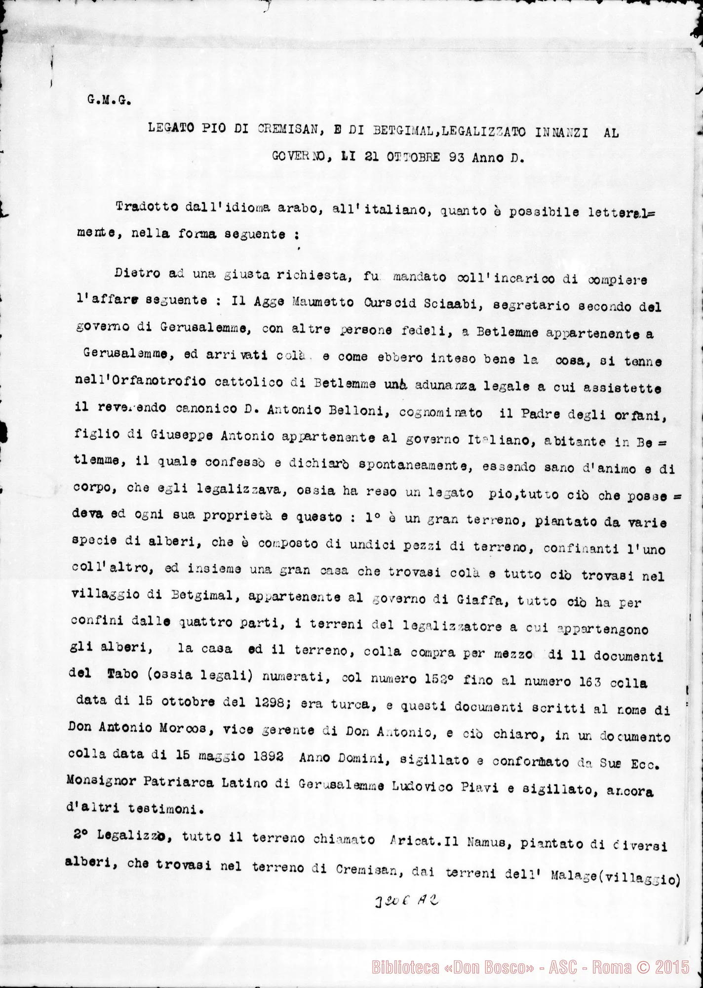 Fotogramma A 2 — Legato Pio di Cremisan E di Beitgemal. Copia dattiloscritta