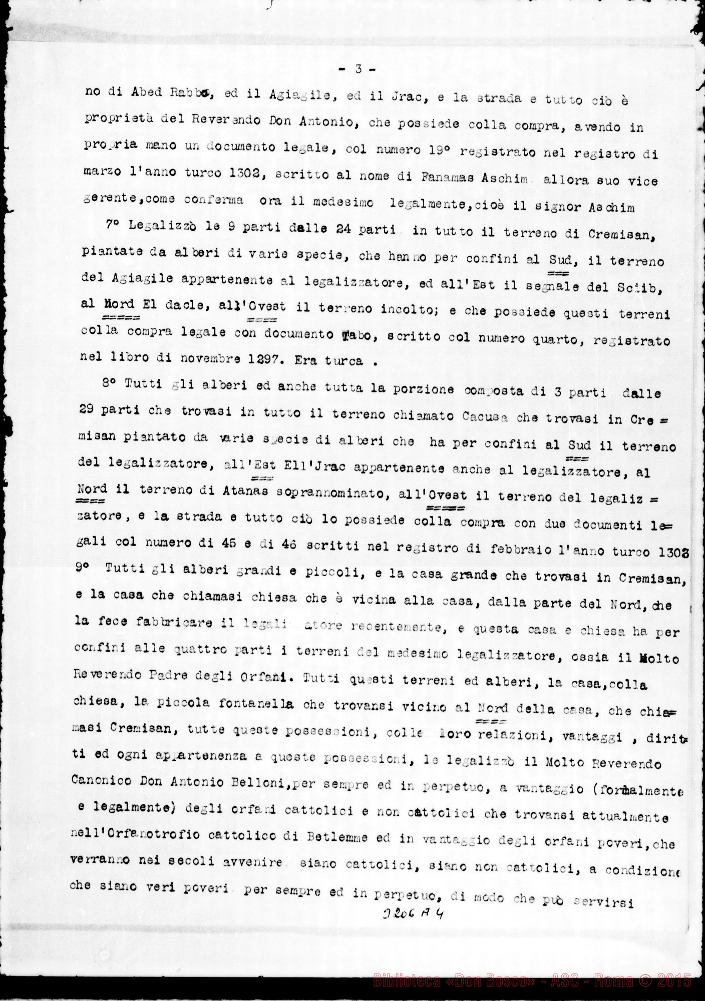 Fotogramma A 4 — Legato Pio di Cremisan E di Beitgemal. Copia dattiloscritta