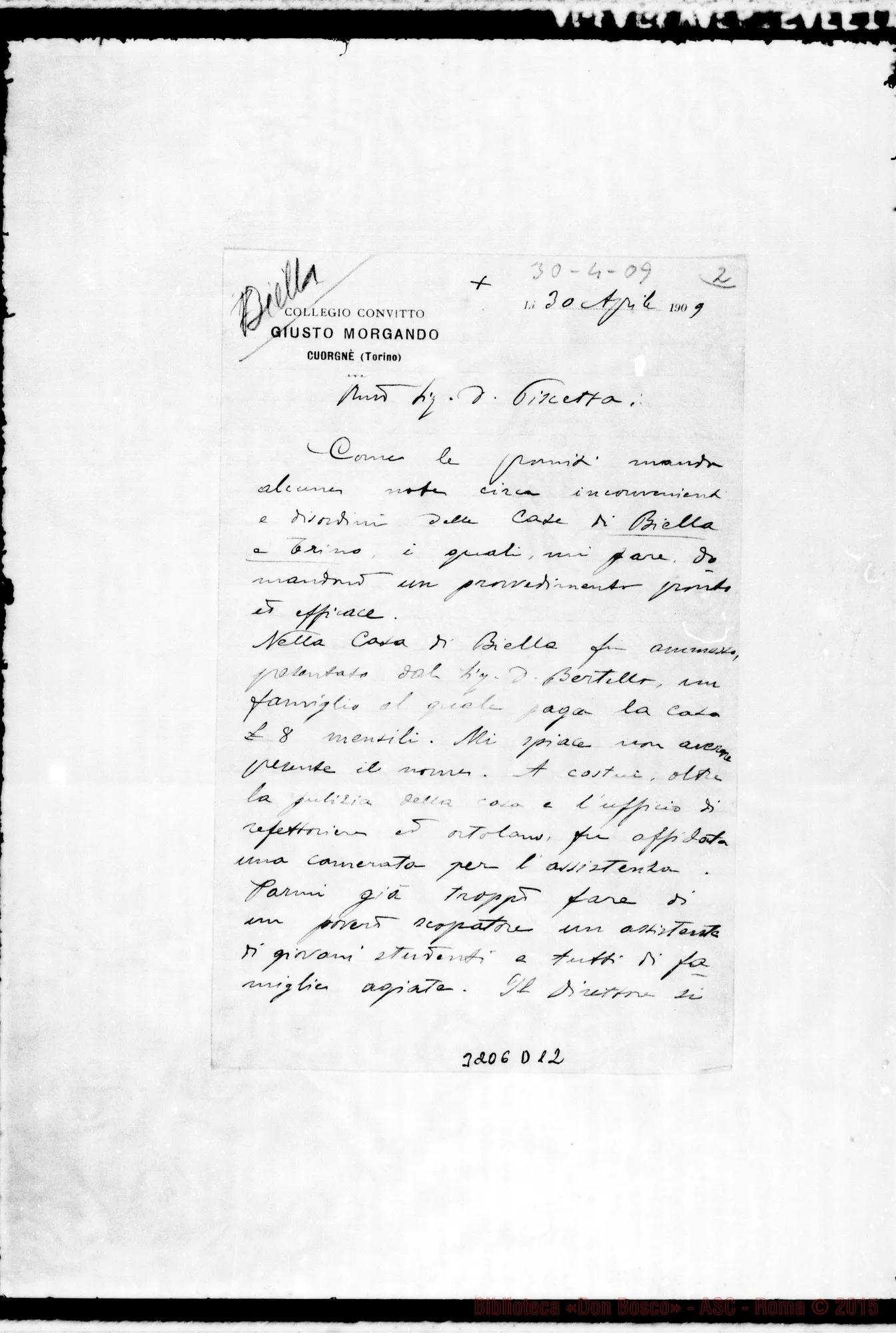 Fotogramma D 12 — A Don Piscetta lettera senza firma. Cuorgnè, 30-04-1909