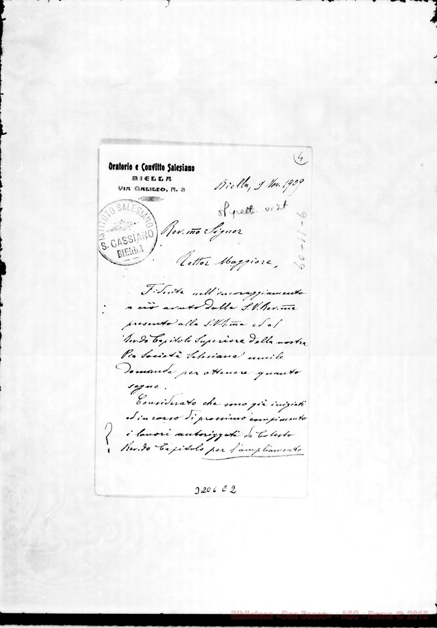 Fotogramma E 2 — Don Evasio Spriano-Don Rua. Biella, 9-11-1909. Autogr. Rinaldi