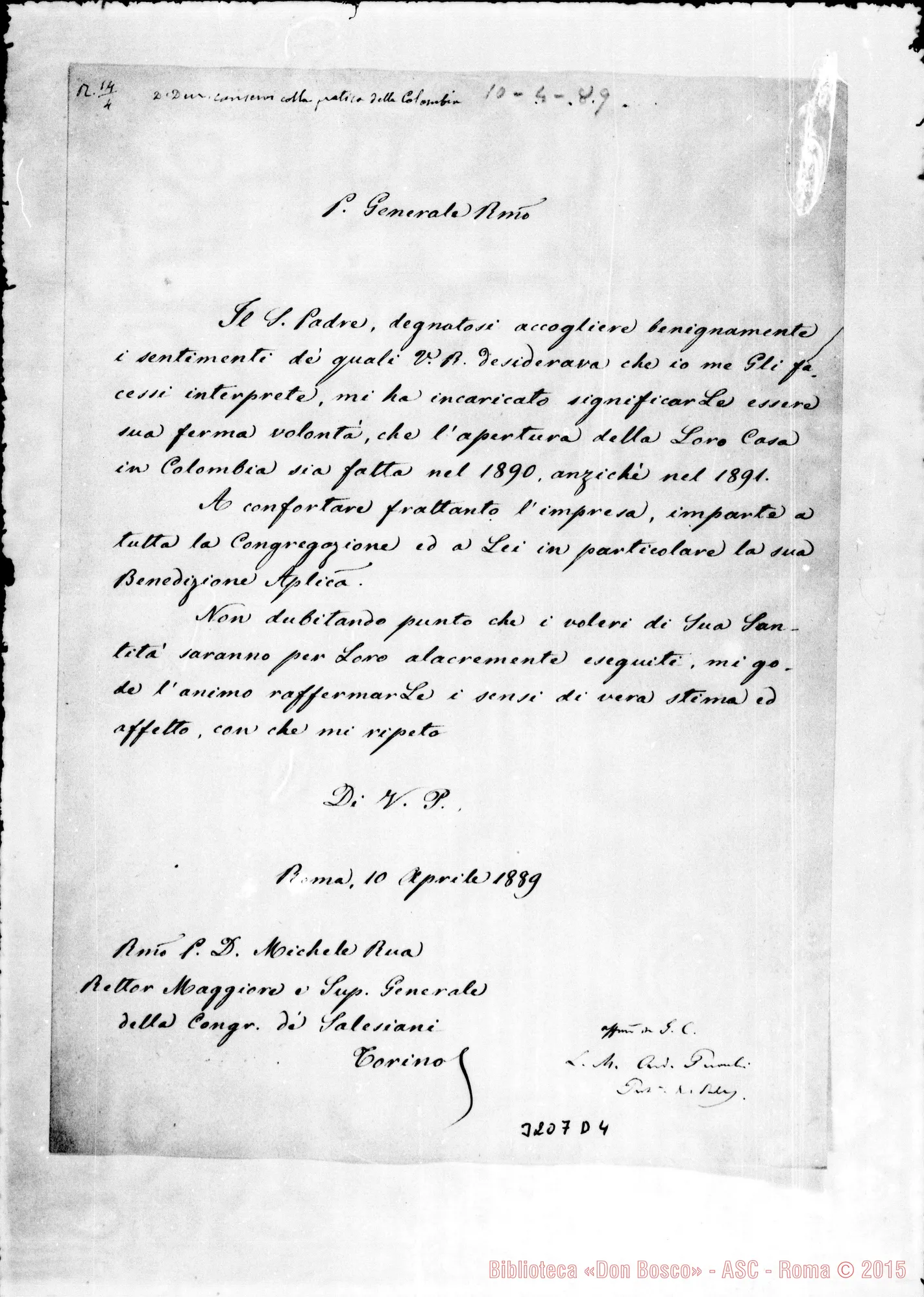 Fotogramma D 4 — Card. Parocchi-Don Rua. Roma, 10-04-1889 Autogr. Rua