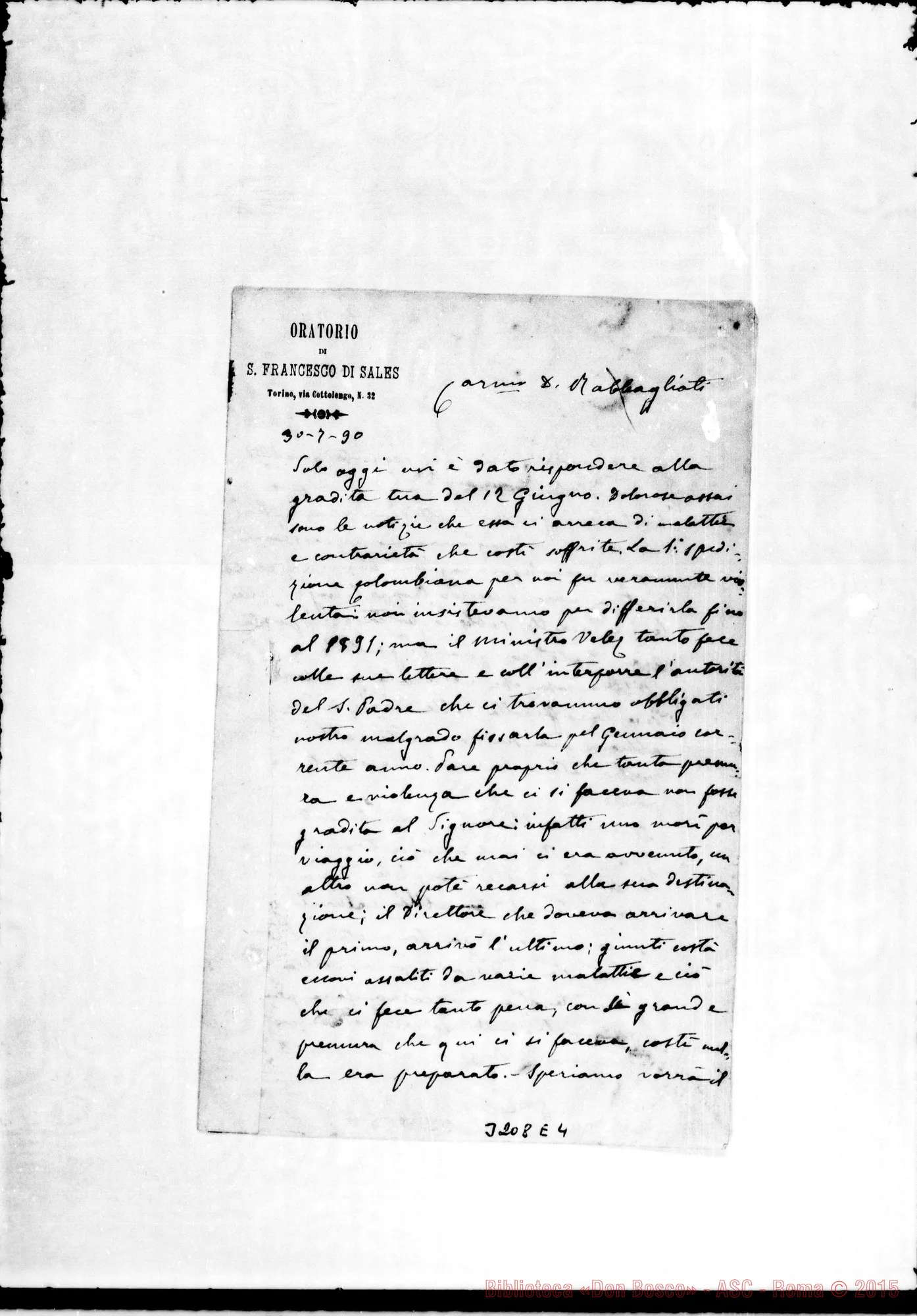 Fotogramma E 4 — Don Rua-Don Rabagliati. Torino, 30-07-1890 Ms. autogr. Rua