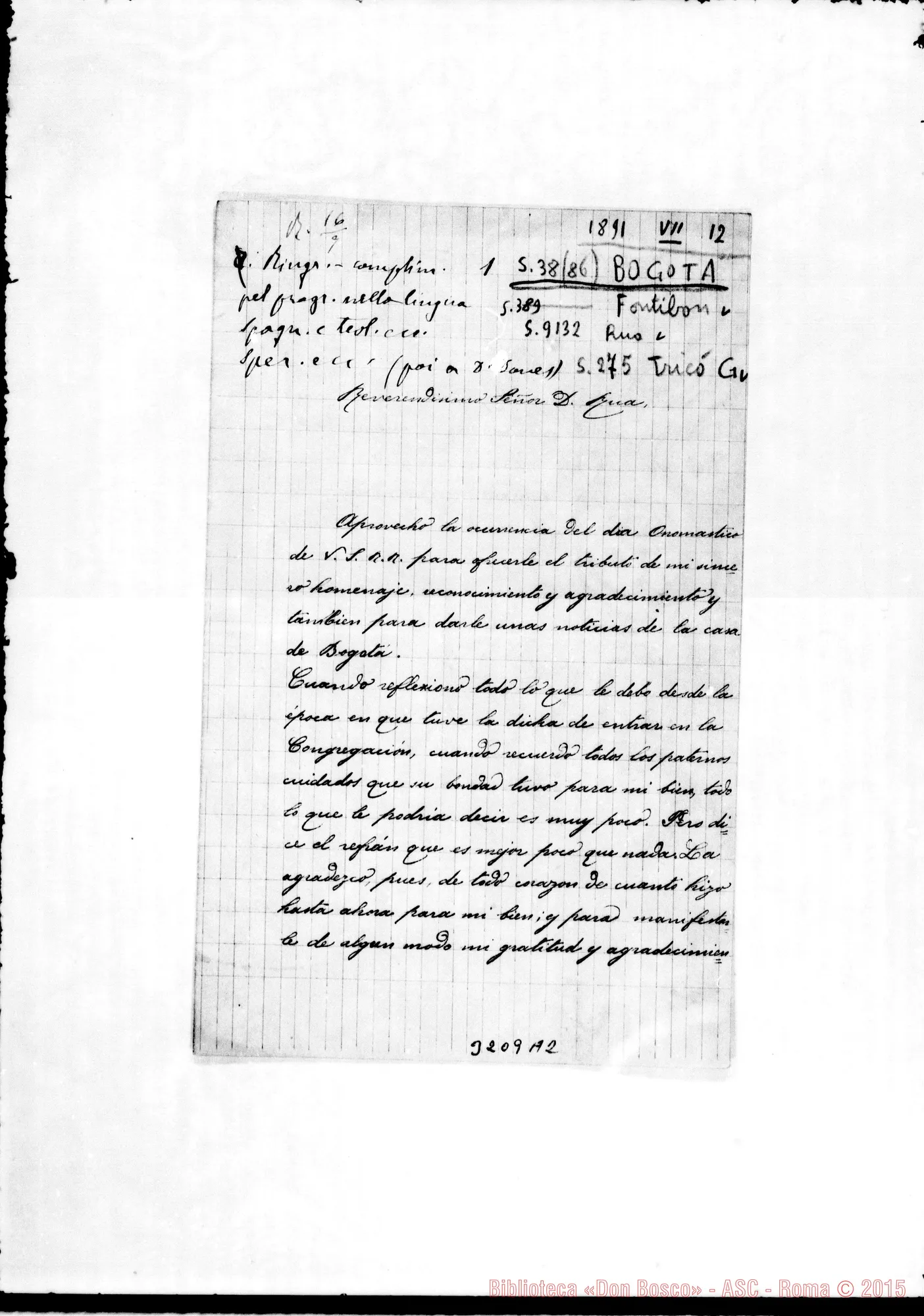 Fotogramma A 2 — Ch. Tricó Giorgio-Don Rua. Bogotá, 12-07-1891 Autogr. Rua