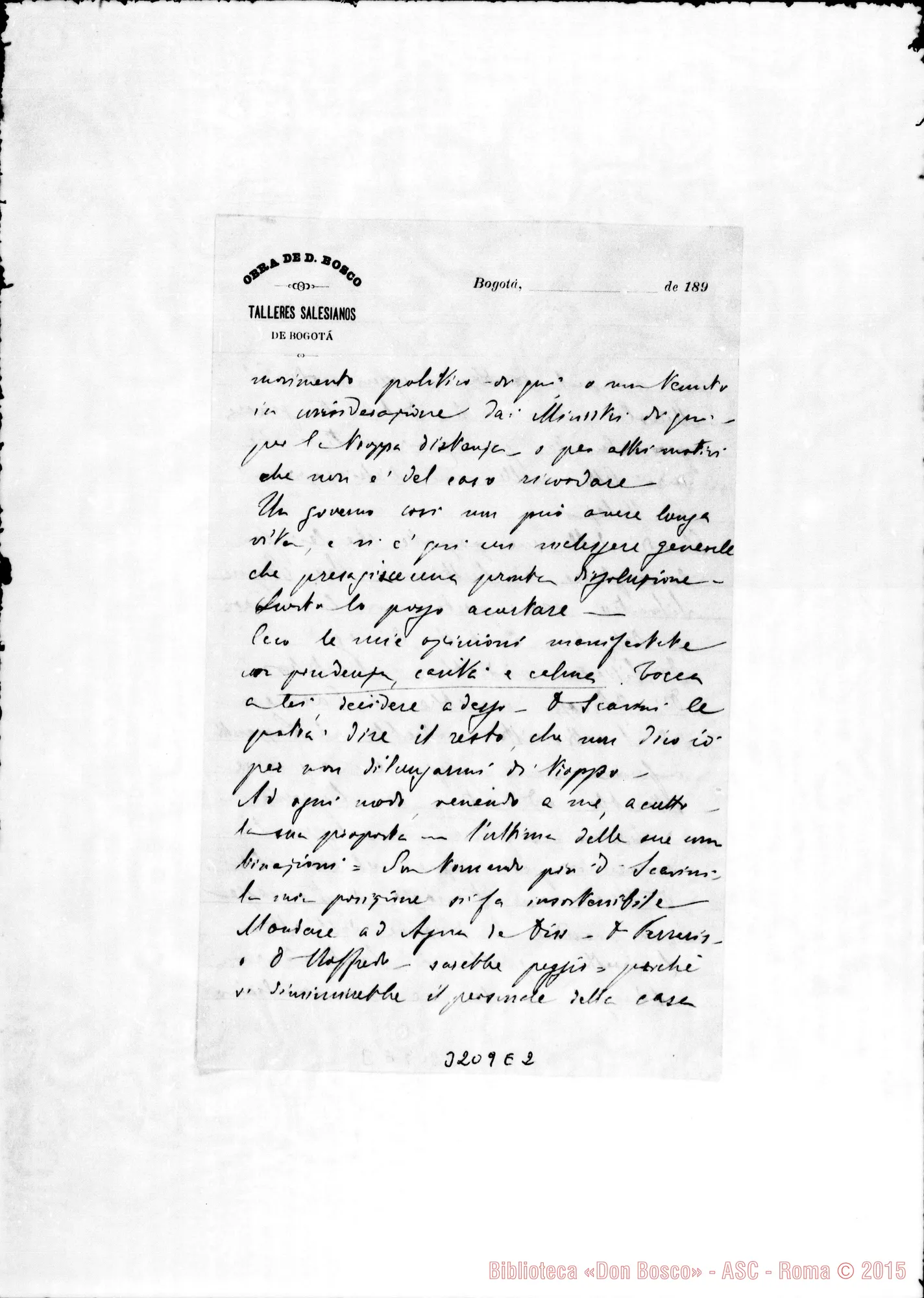 Fotogramma E 2 — Don Evasio Rabagliati-Carissimo Padre. Bogota, 13-02-1894. Autogr. Rua