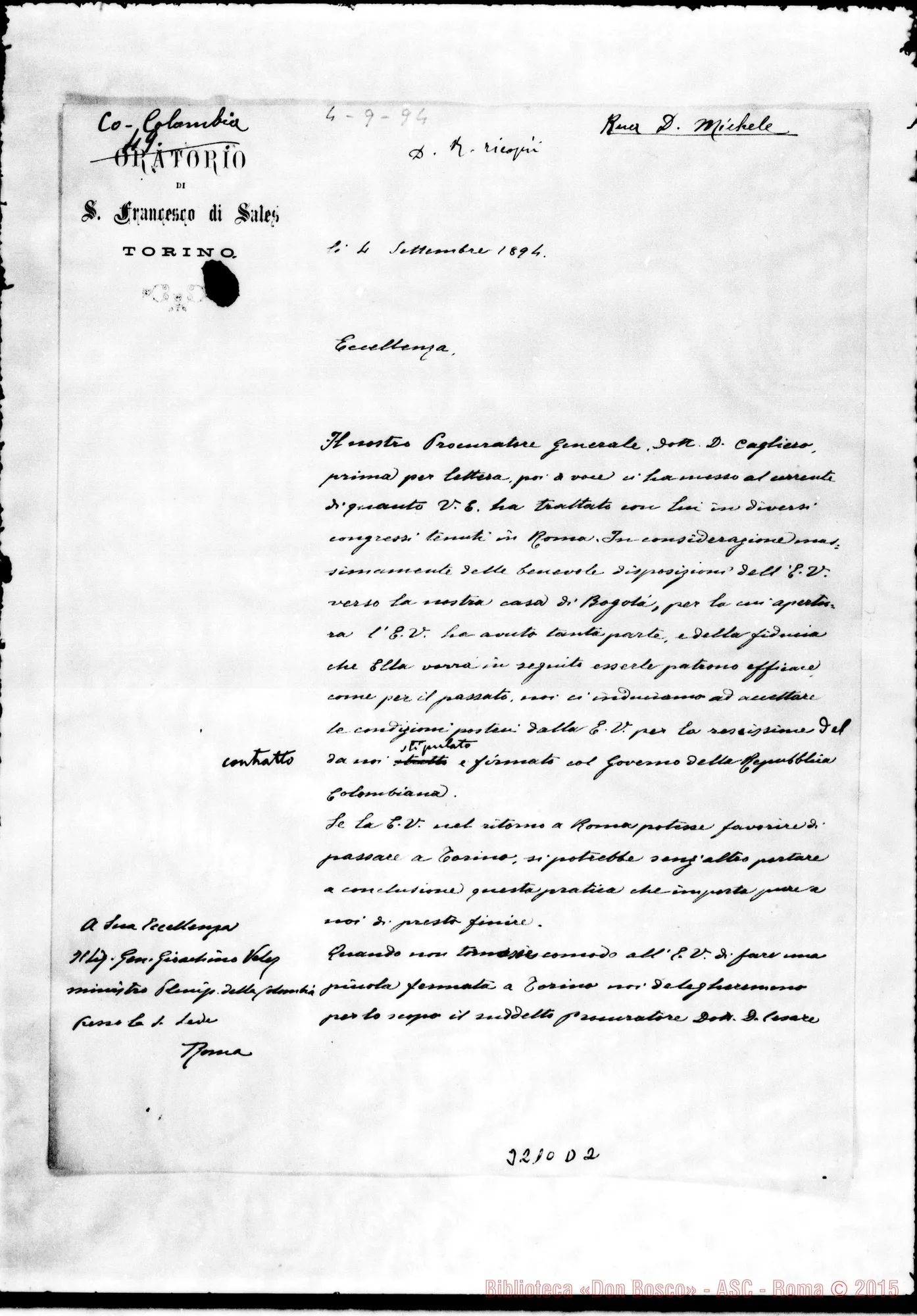 Fotogramma D 2 — Don Rua-Joaquin Vêlez. Torino, 4-09-1894 Firma E autogr. Rua