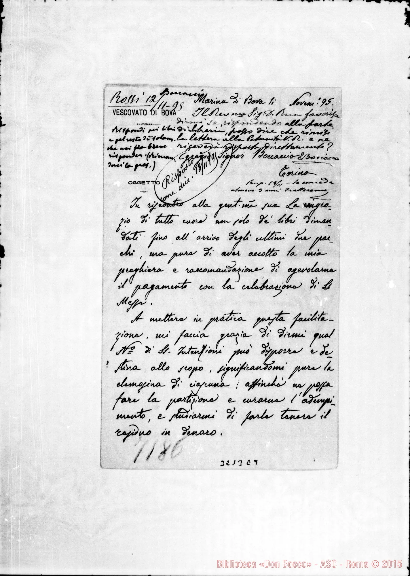 Fotogramma E 9 — Bova Marina: Raffaele Rossi, vesc. di Bova-Sig. Boccaccio. Nov. 1895 Autogr. Rua