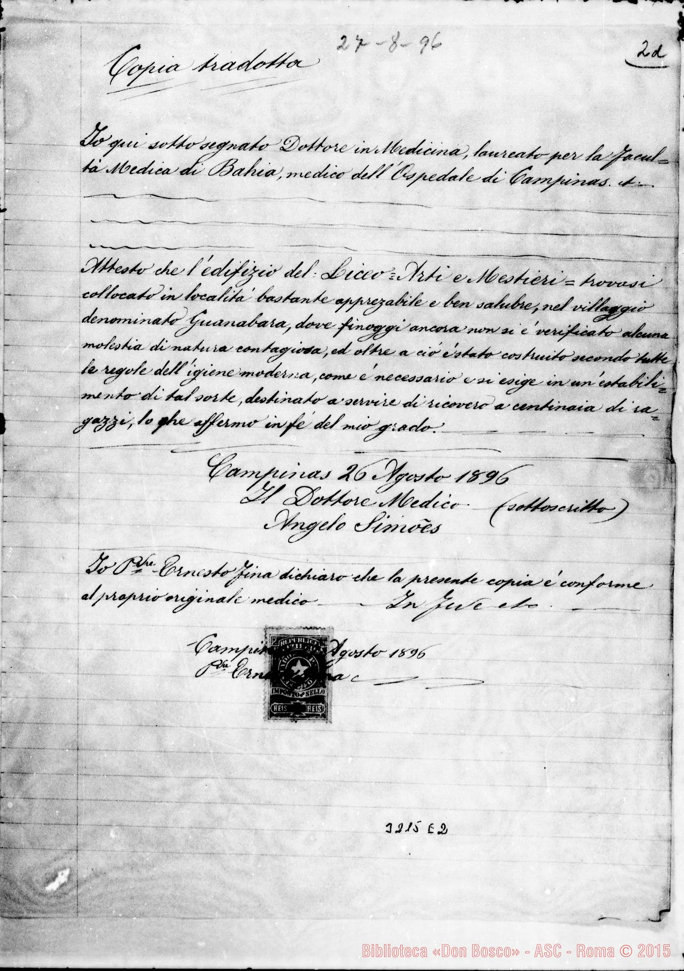 Fotogramma E 2 — Dott. Angelo Simóes: attestato E traduzione. Campiñas, 26-08-1896