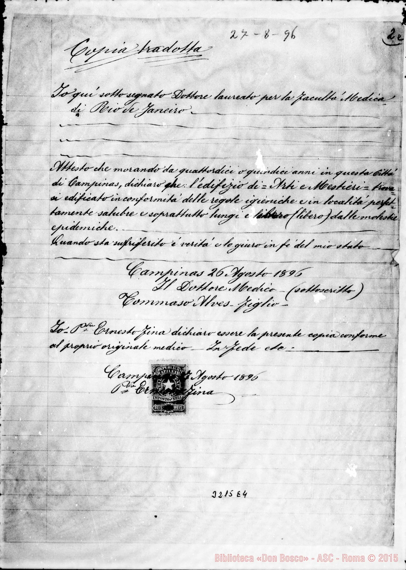 Fotogramma E 4 — Dott. Tommaso Alves: attestato E traduzione. Campiñas, 26-08-1896