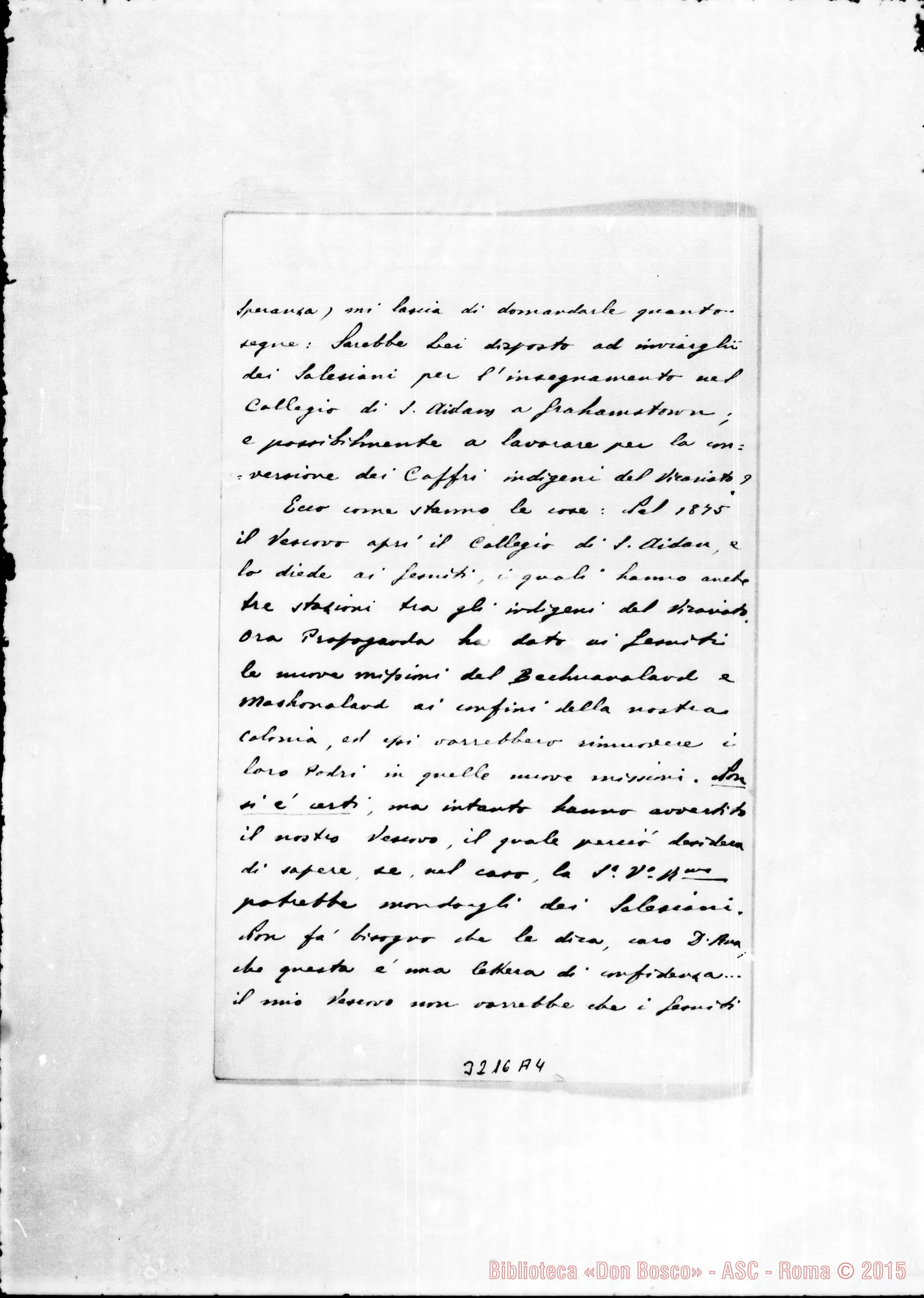 Fotogramma A 4 — Cape Town: P. Strobino, miss. apost.-Don Rua. Genova, 24-01-1891 Autogr. Rua