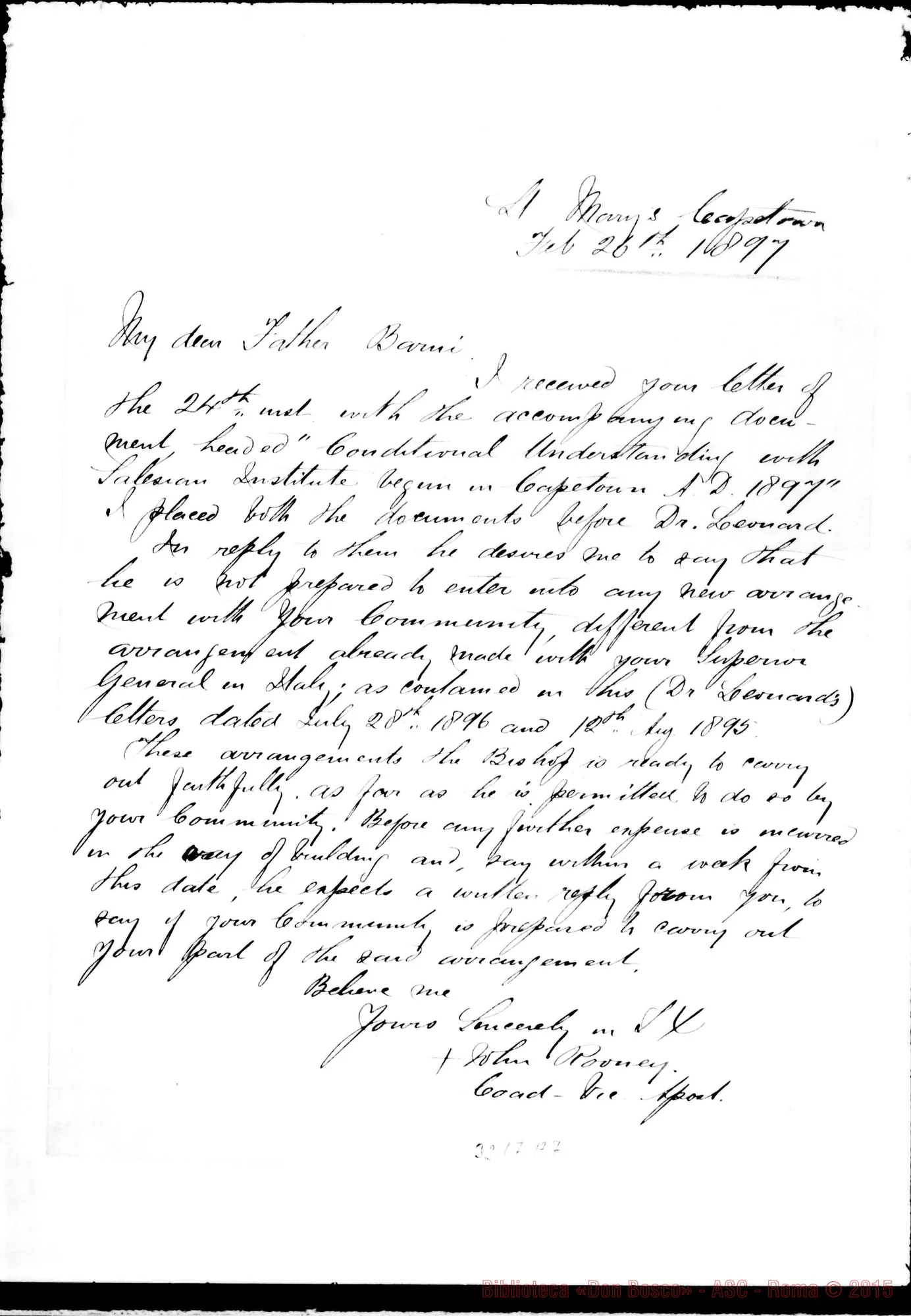 Fotogramma A 7 — Don Barni Federico-Mons. Léonard. Cape Town, 24-02-1897 E Vesc. ausil. Giovanni Rooney-Don Barni. Cape Town, 26-02-1897. All. traduzione di entrambe