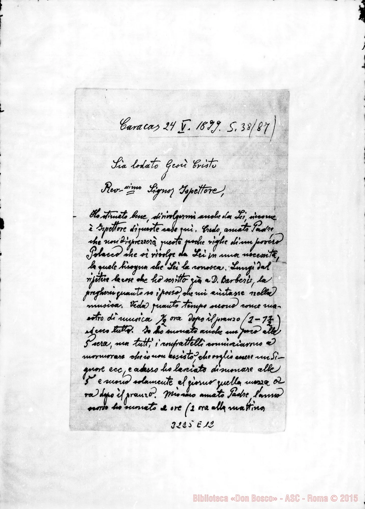 Fotogramma E 12 — Don Dobrzynski-Ispettore. Caracas, 24-05-1899 Incompleta
