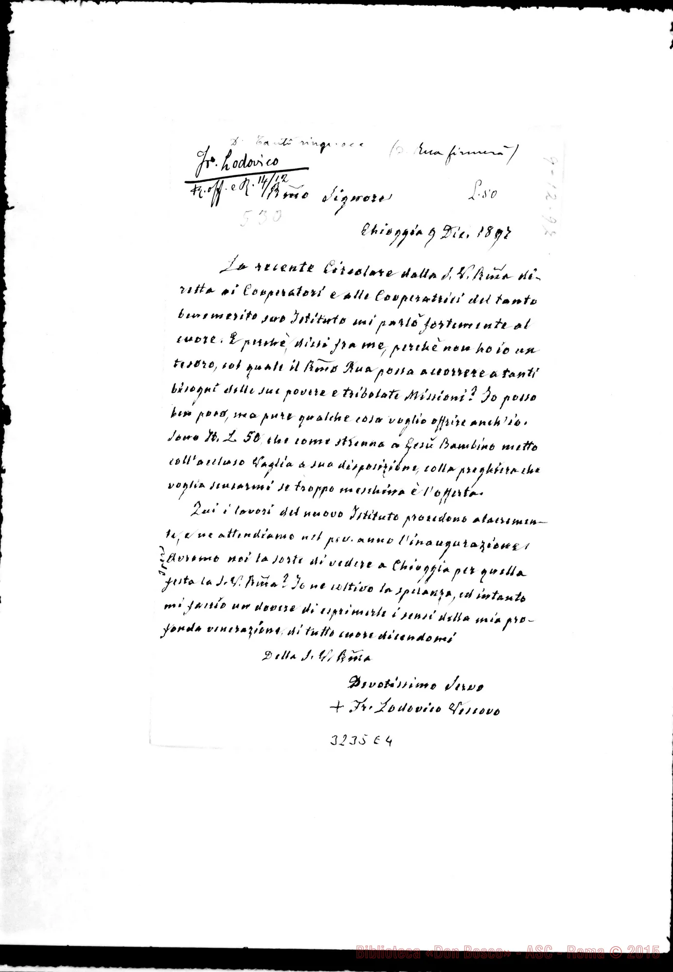 Fotogramma E 4 — Lodovico Marangoni, vesc.-Rev.mo Sig. Chioggia, 9-12-1897 Autogr. Rua