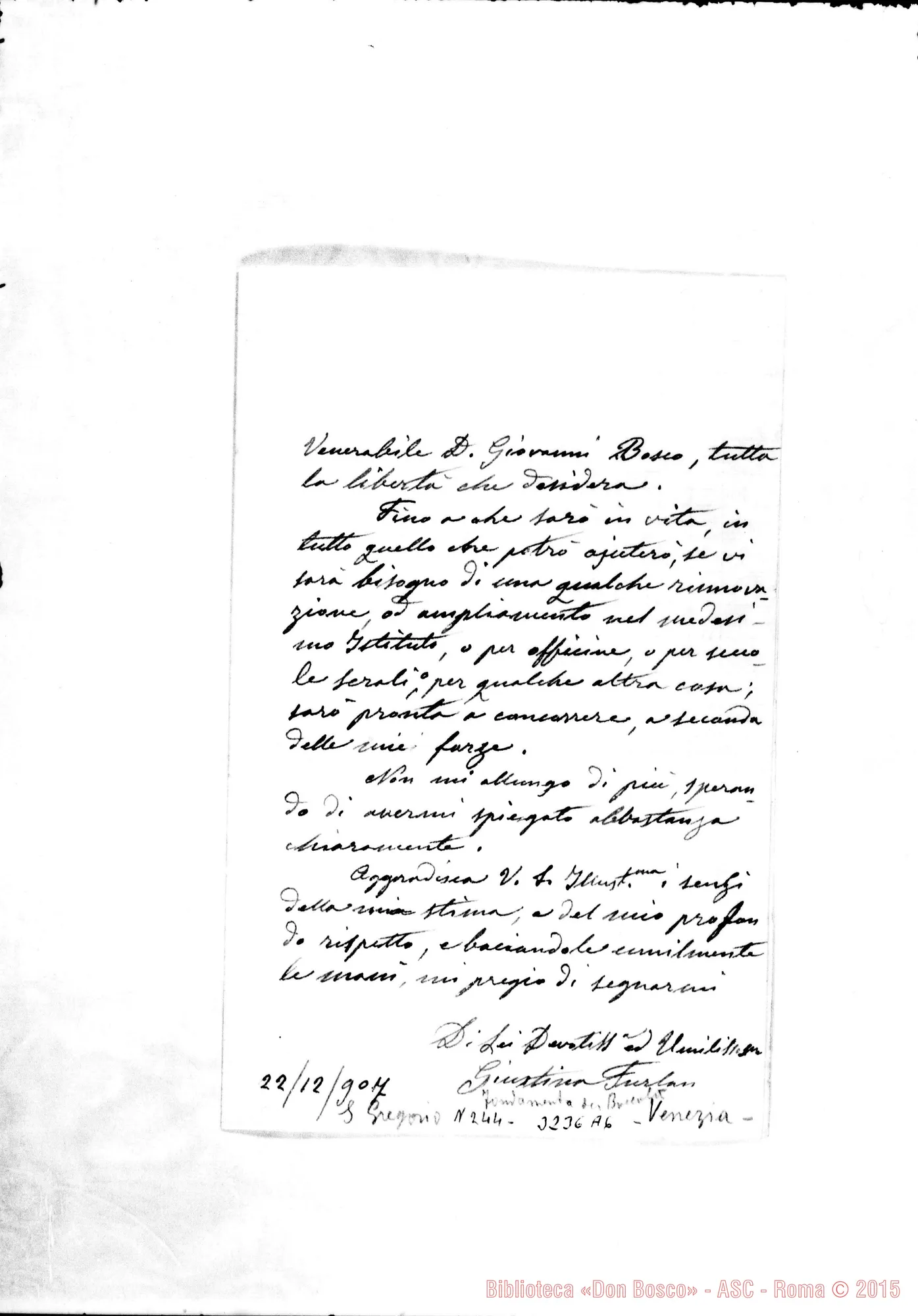 Fotogramma A 6 — Giustina Furlan-Don Rua. Chioggia, 22-12-1907 Autogr. Rua