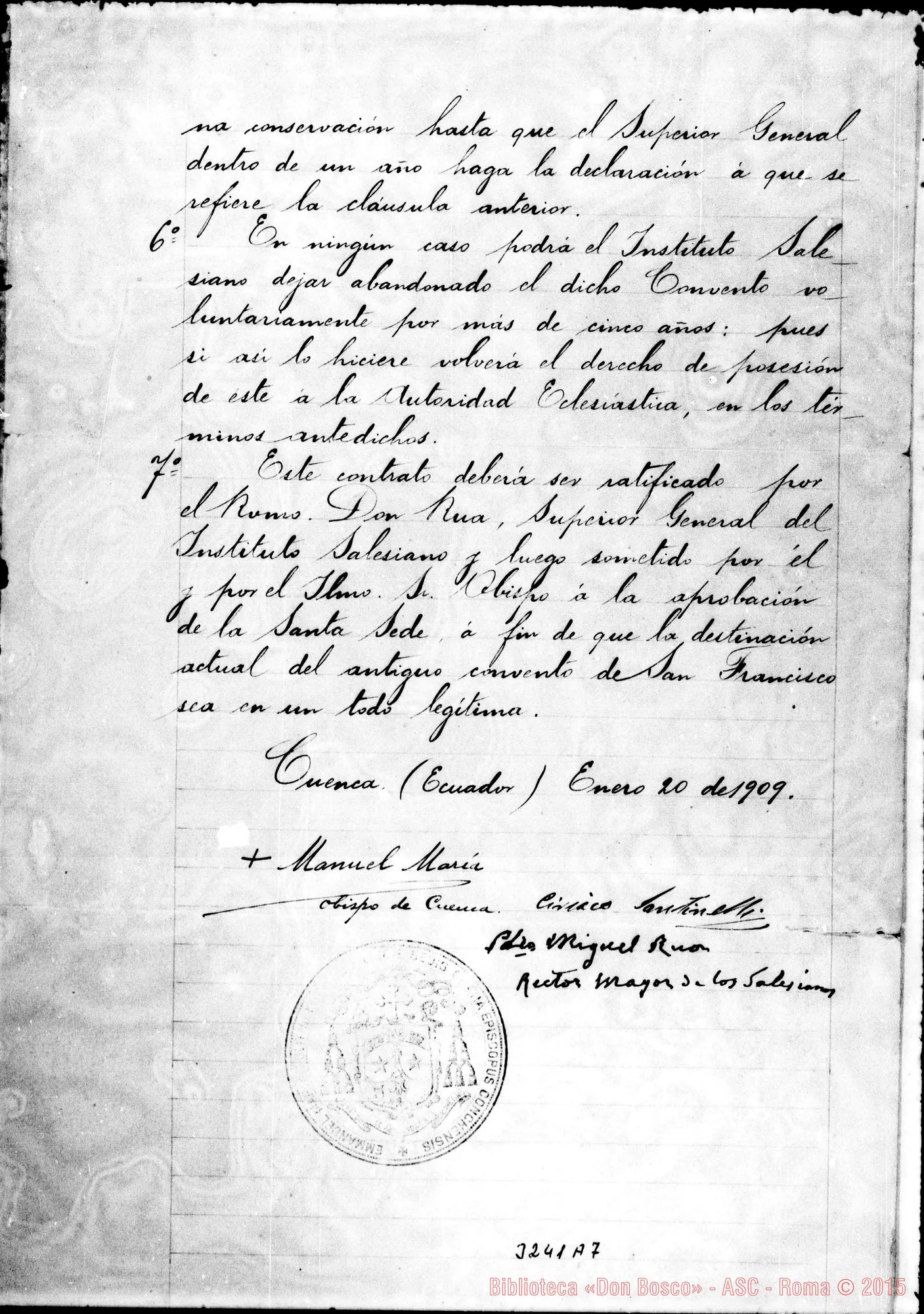 Fotogramma A 7 — Convenzione tra Don Rua E il Vescovo, il 20-01-1909 Firma autog. Rua