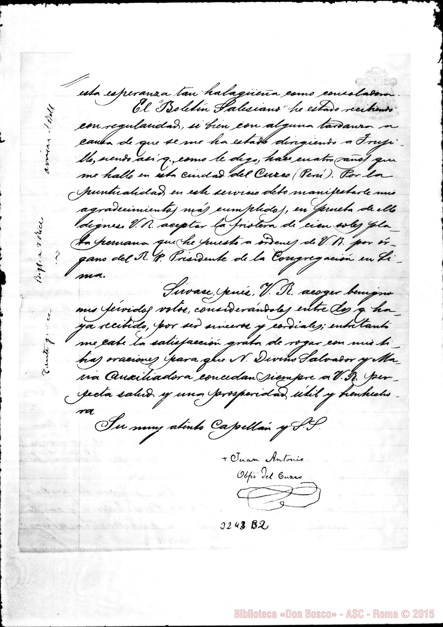 Fotogramma B 2 — Juan Antonio Falcón, vesc.-Don Rua. Cuzco, 26-11-1896 Autogr. Rua