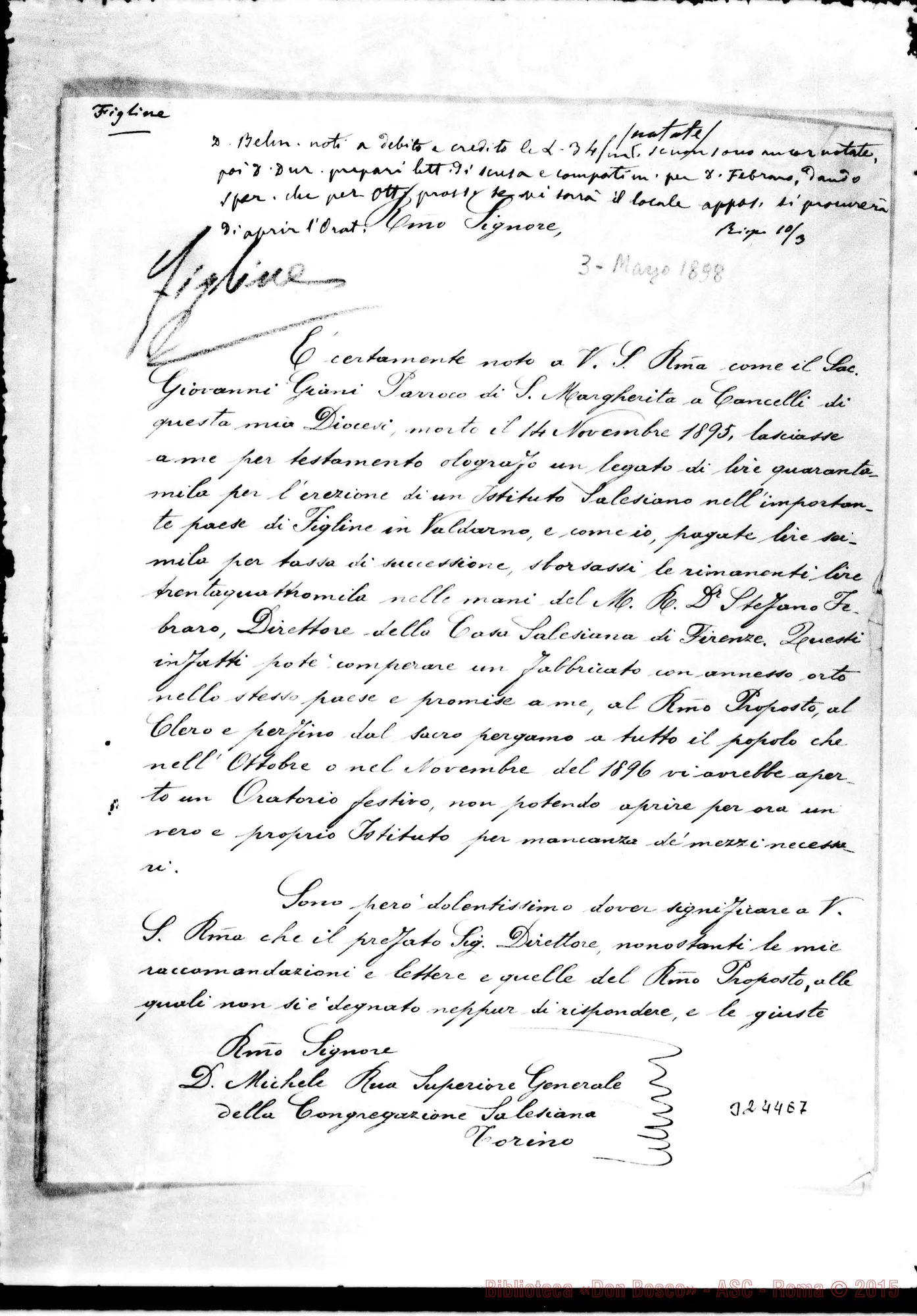 Fotogramma E 7 — Figline: David Camilli, vesc. di Fiesole-Don Rua. Fiesole, 3-03-1898 Autogr. Rua